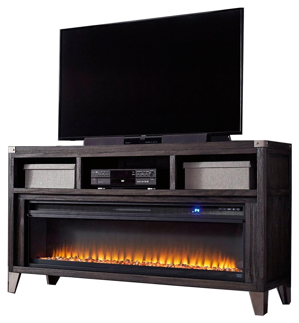 Todoe Gray TV Stand side angle showing drawers and cubbies
