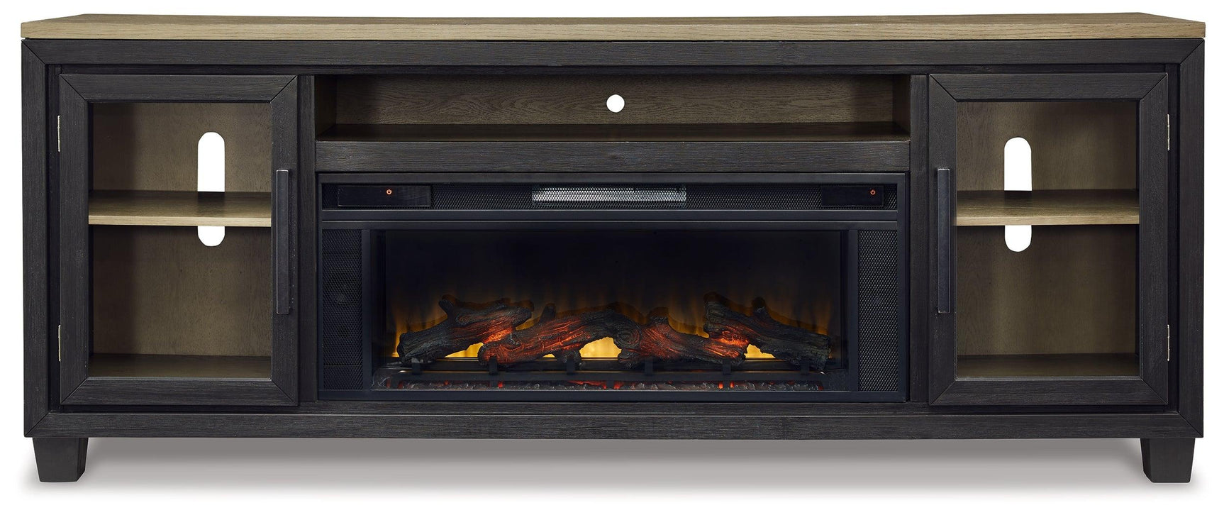 Foyland TV stand head on with fireplace and storage