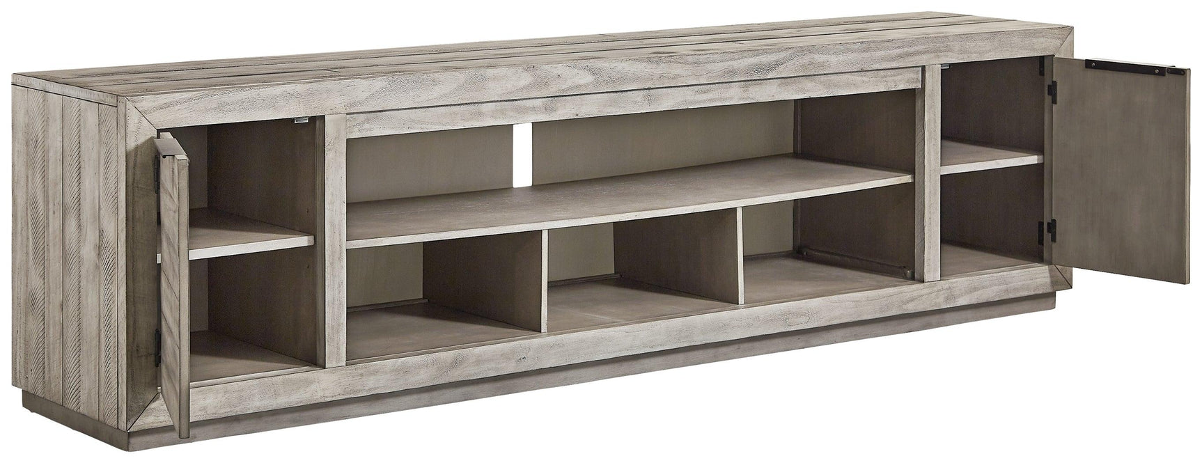 Naydell Gray 92-inch TV Stand front open shelves view