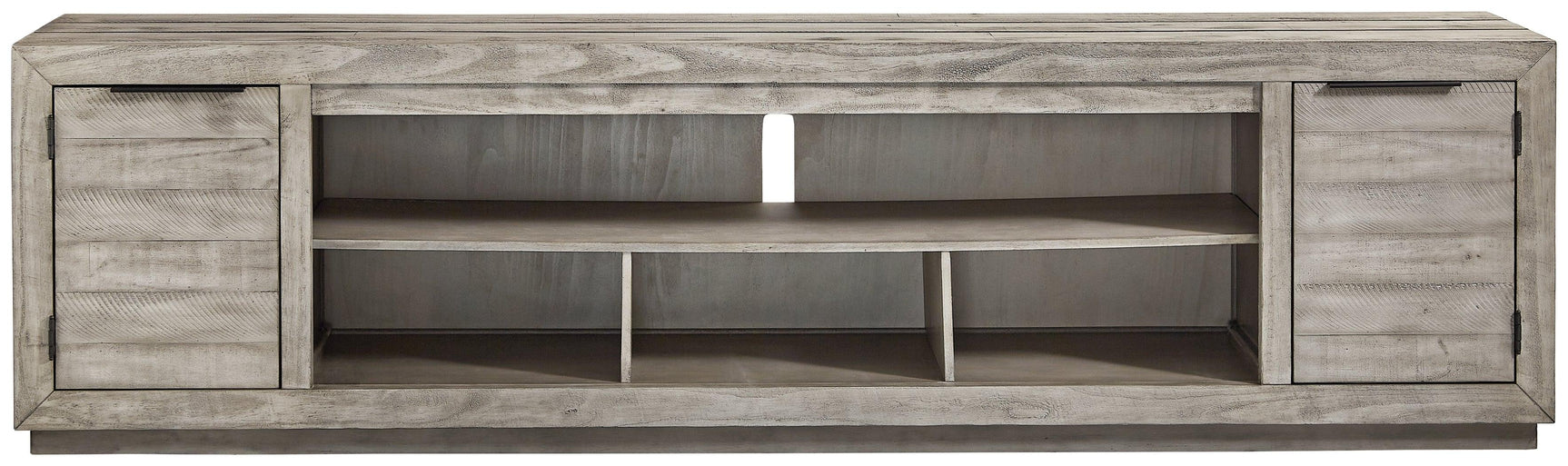 Naydell Gray 92-inch TV Stand head on with rustic finish