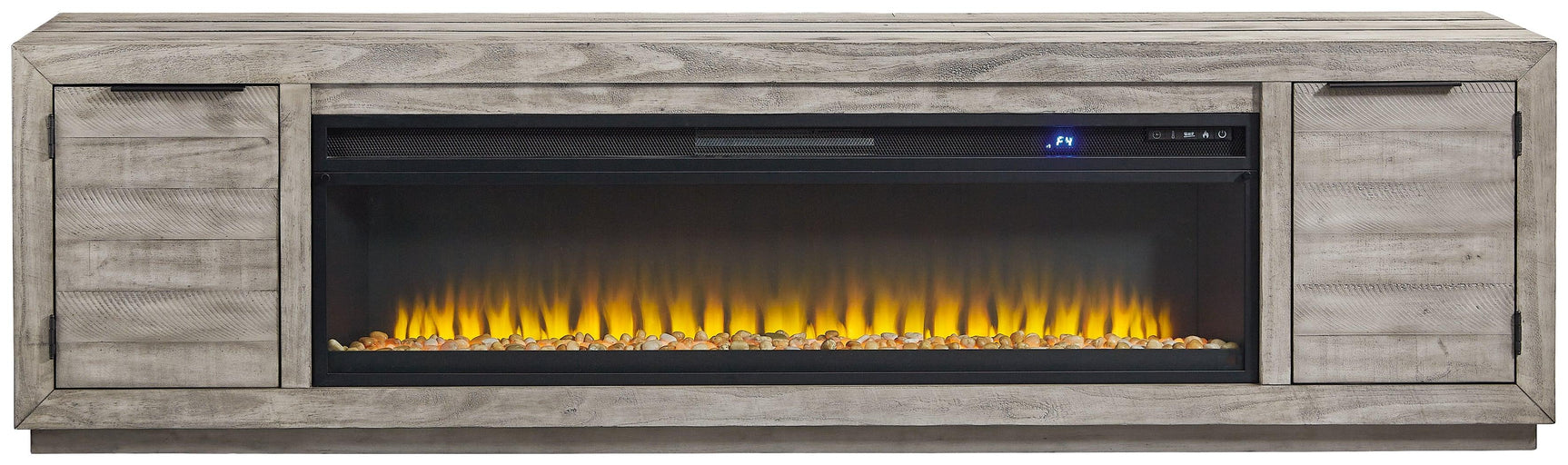 Naydell Gray 92 inch TV Stand with Electric Fireplace head-on view