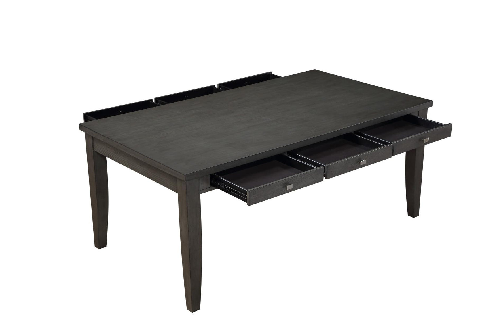 Detail view of solid wood table edge and textured fabric seats