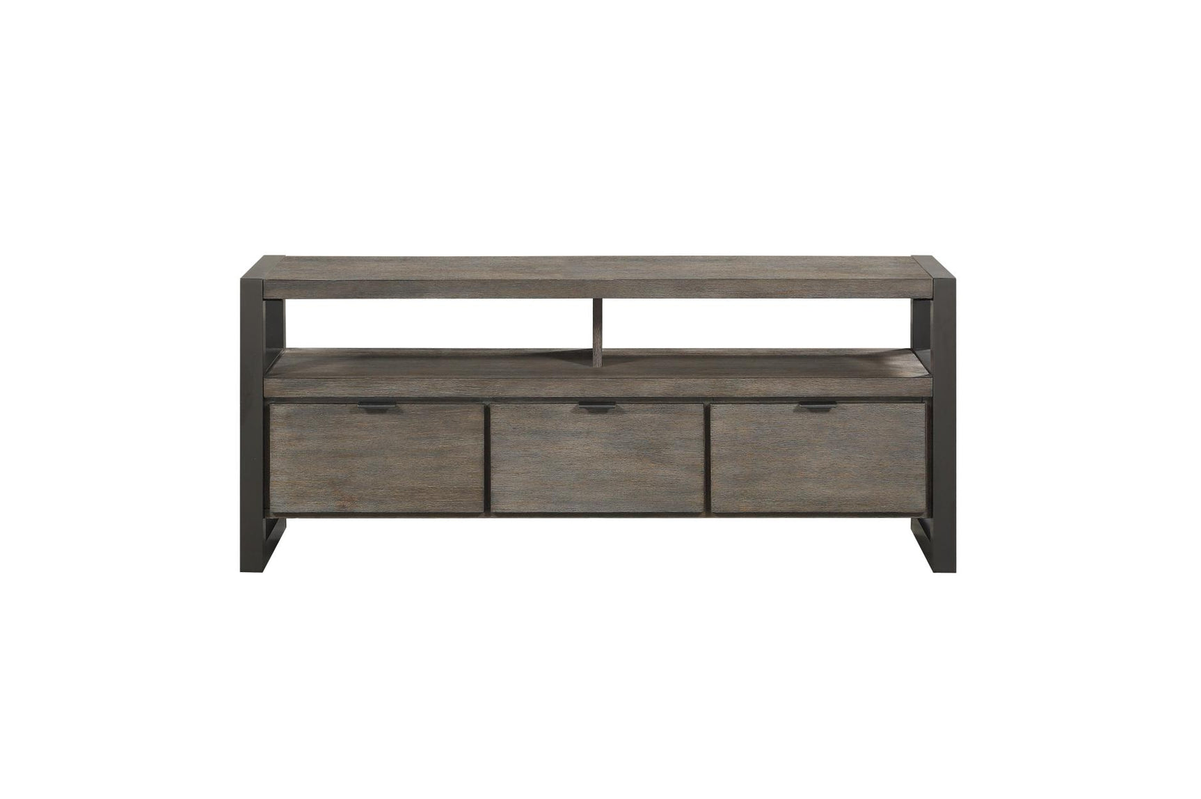 Prudhoe Gray Media Console TV Stand top surface with TV setup