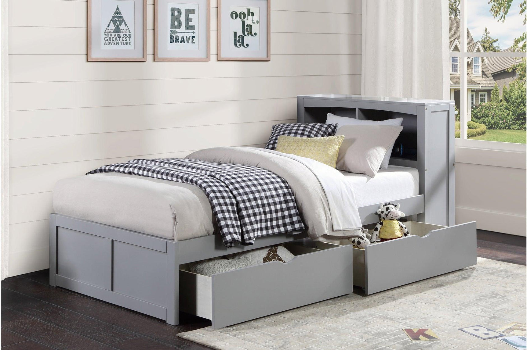 Orion Gray Twin Bed Corner Bookcase Open Shelves and Closed Storage