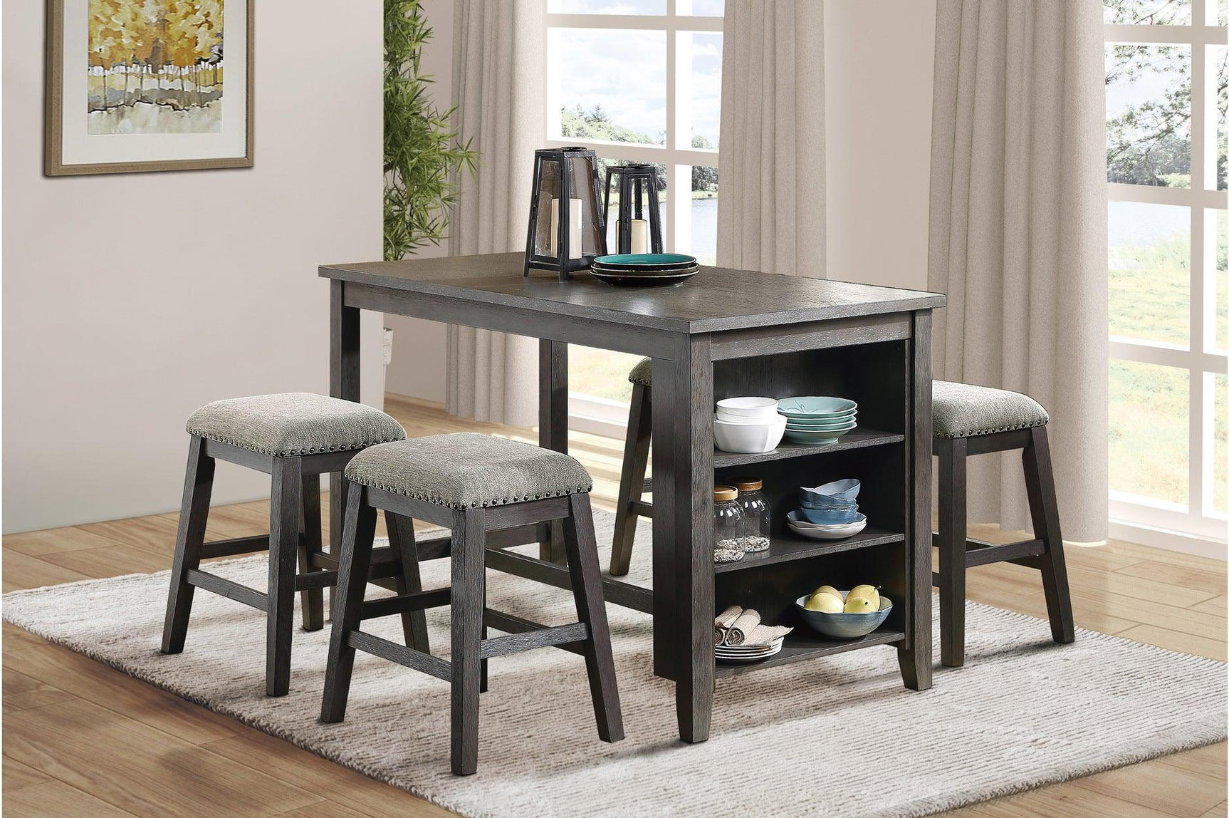 Timbre dining table showcasing built-in bookcase