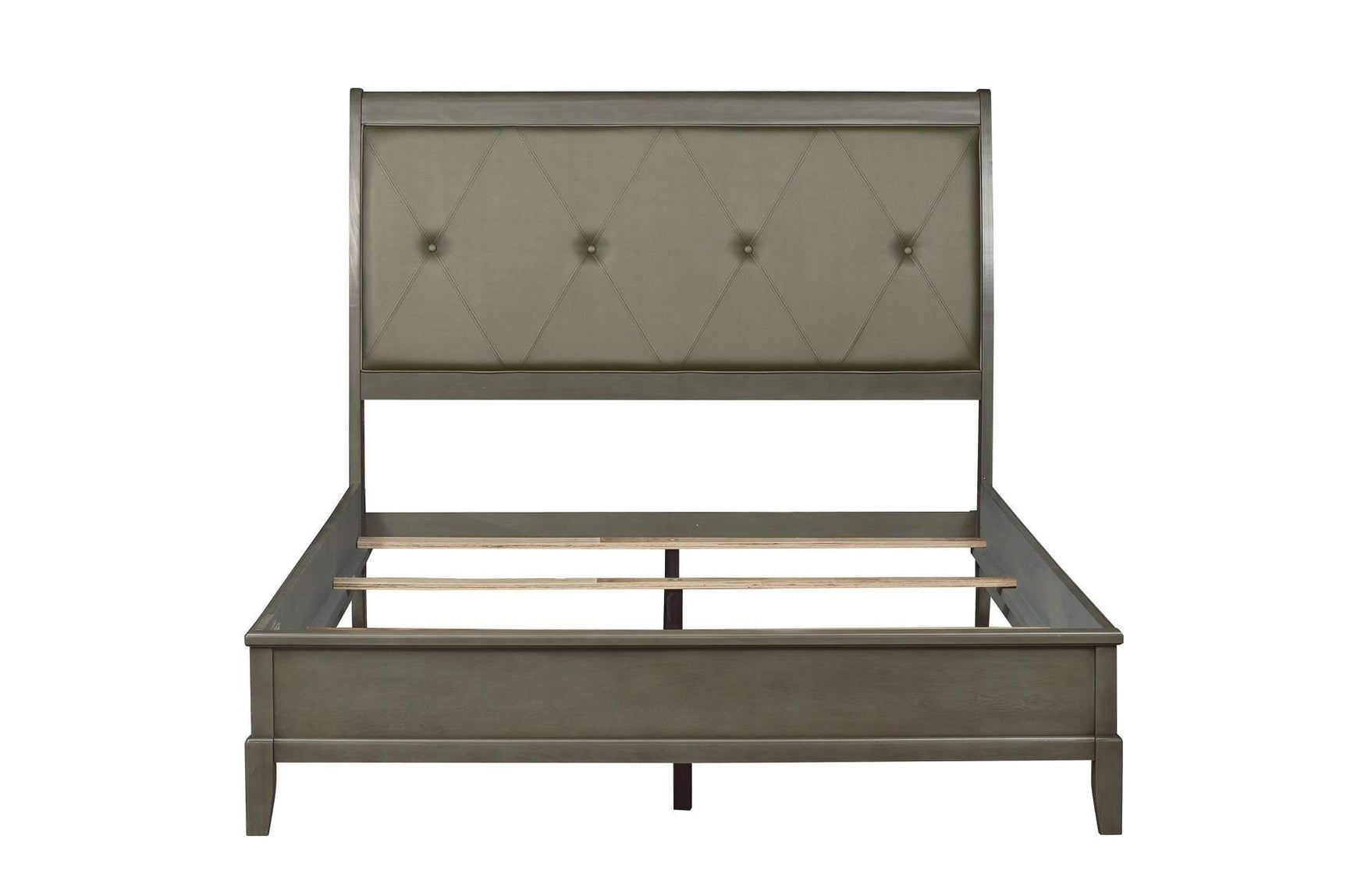 side view of Cotterill gray tufted faux leather bed