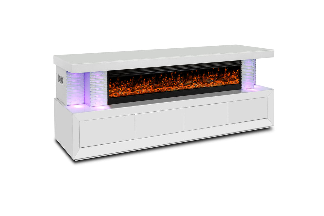Side view of A97 white glass TV stand with Bluetooth speaker