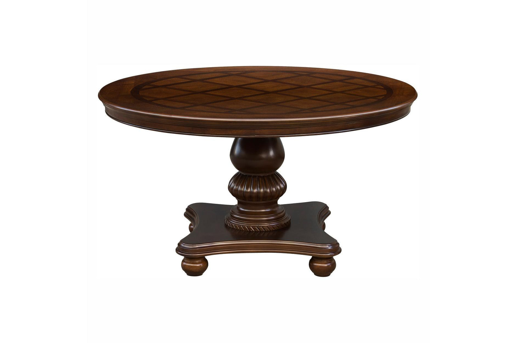 room view of Lordsburg brown cherry round dining table with six faux leather side chairs