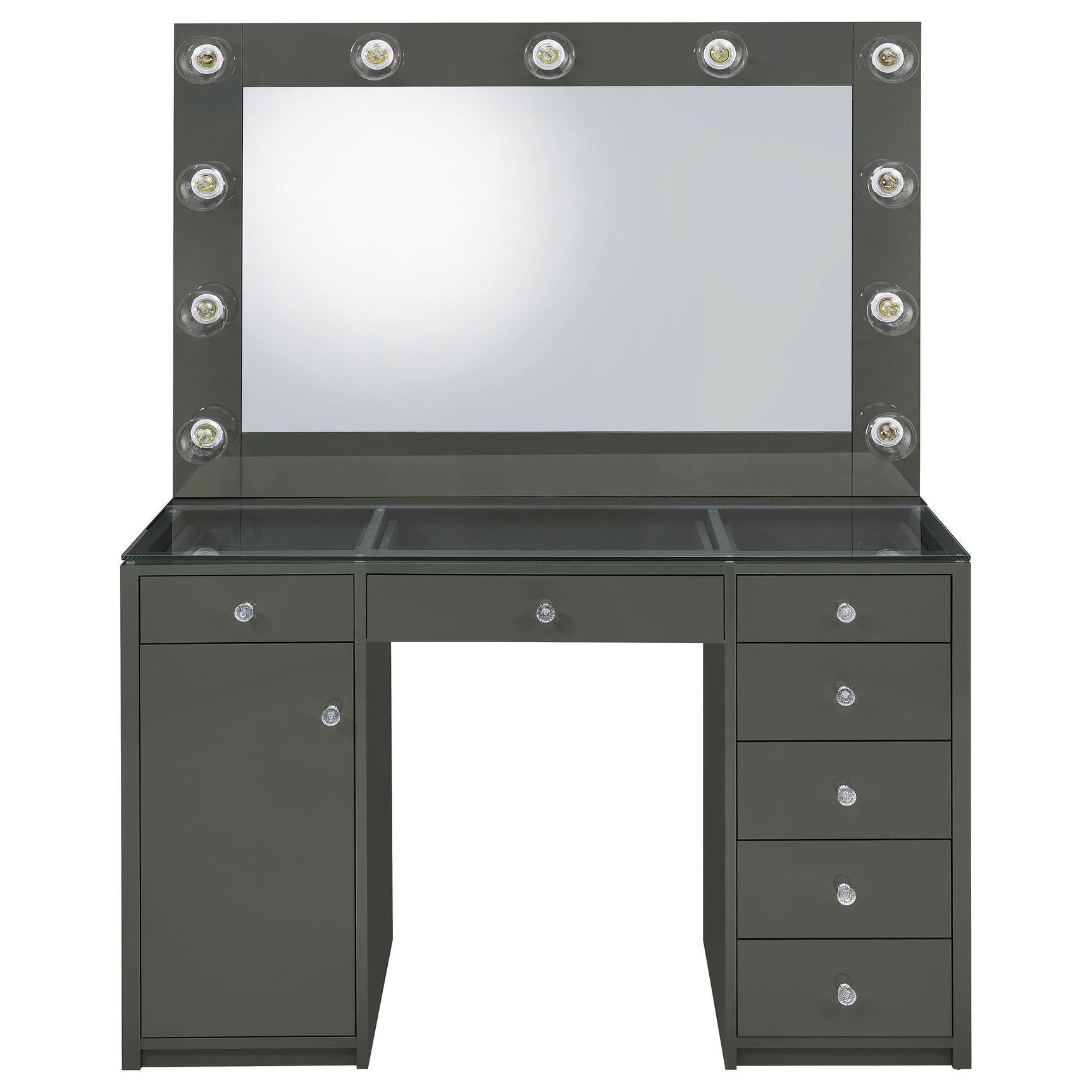 Large illuminated vanity mirror with globe LED bulbs