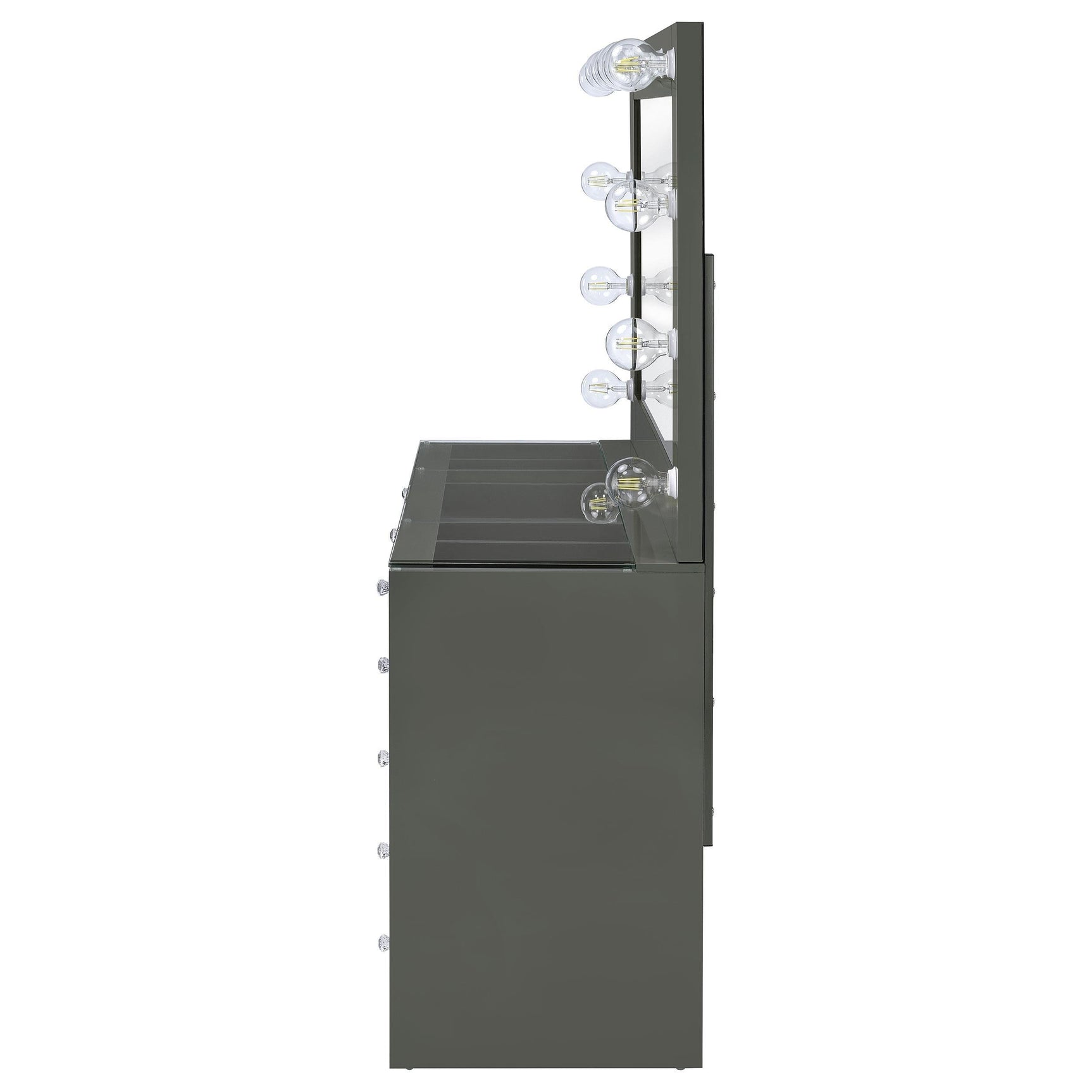 Side angle of vanity with lighting on