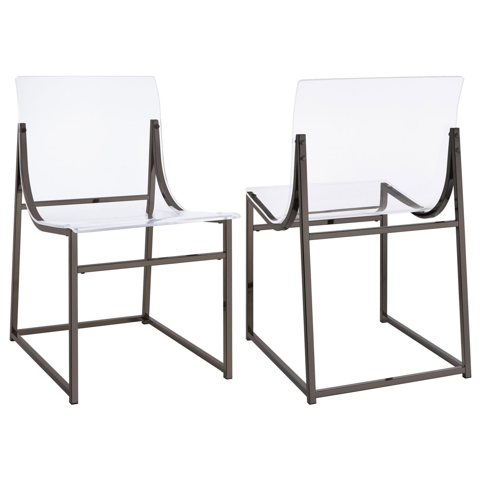 Adino Acrylic Dining Side Chair in clear acrylic and black nickel metal frame straight view