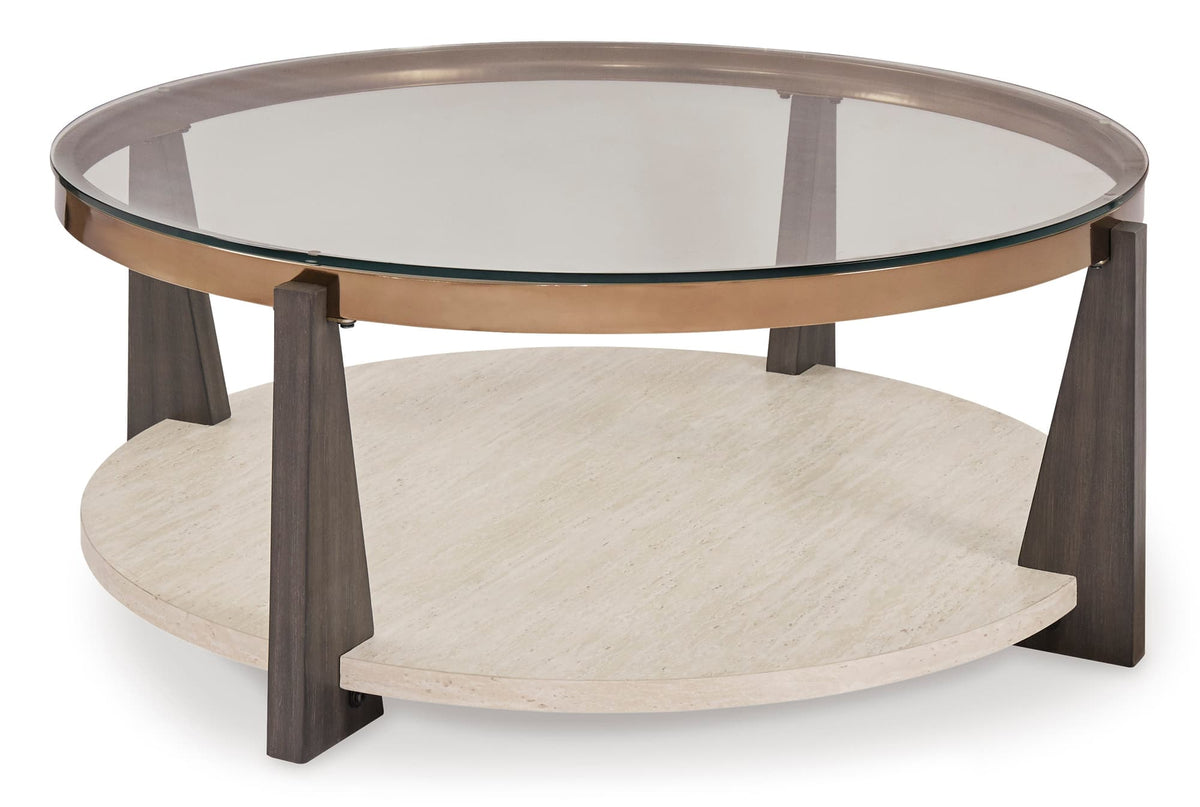 Glass-Top Faux Travertine Coffee Table Set with Gold-Tone Frame — product image 3