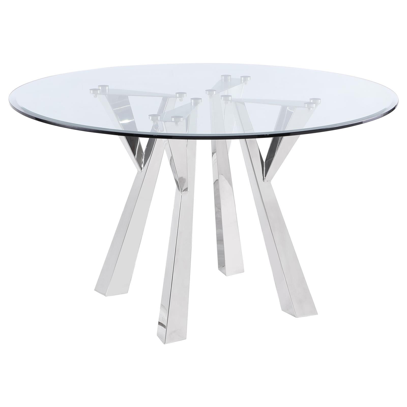 Alaia round glass top dining table with chrome geometric base front view