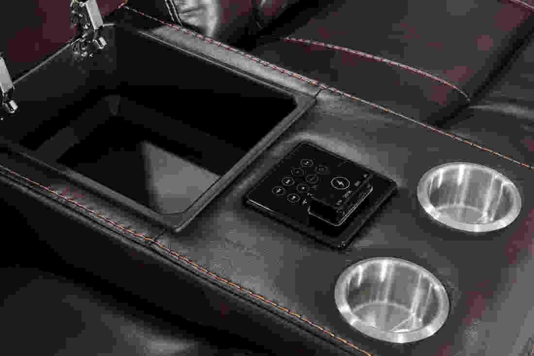 Detail of Alexa set USB charging ports and leather upholstery