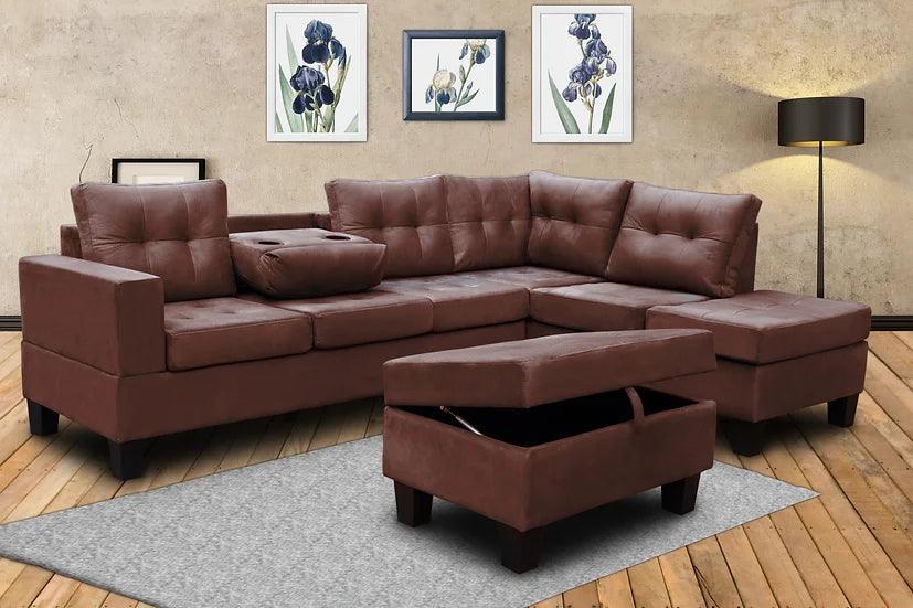 Brown tufted 3-piece sectional sofa with storage ottoman, angled view