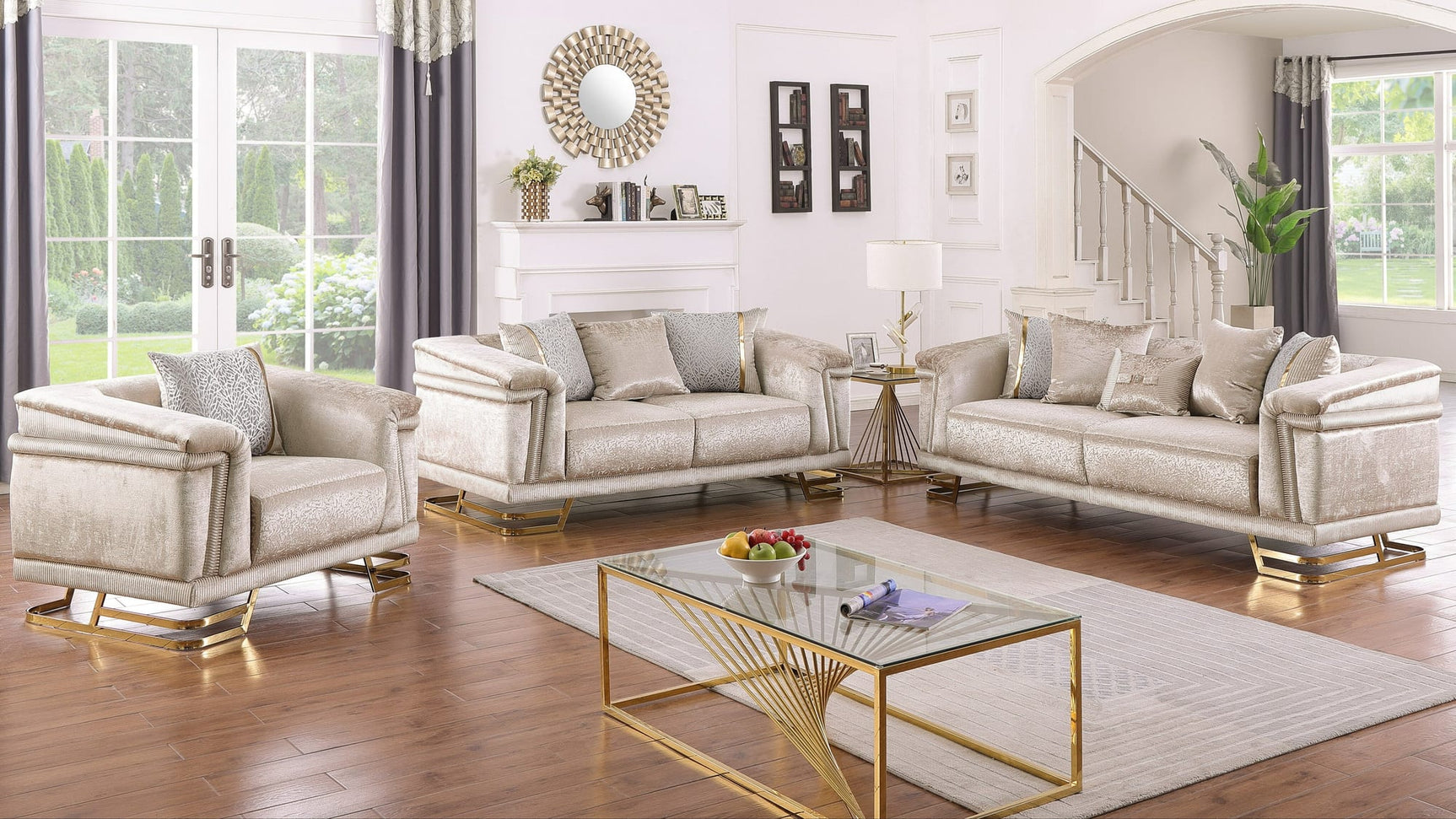 Amalfi Champagne Crushed Velvet Sofa and Loveseat Set with Gold Geometric Bases and Pillows view 5