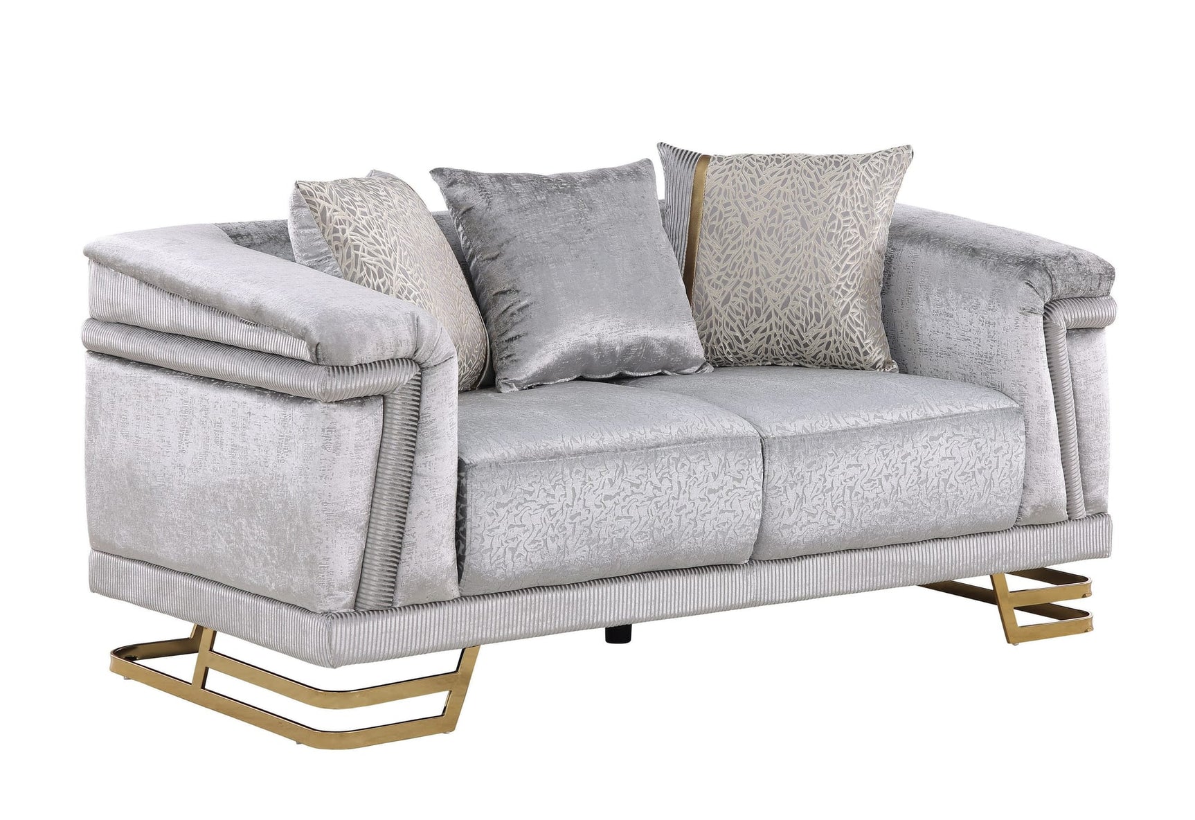 Amalfi Grey Crushed Velvet Sofa and Loveseat Set with Gold Geometric Bases and Pillows view 4