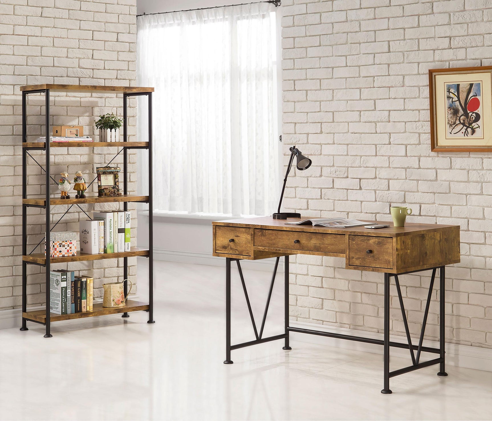 Analiese bookcase with four shelves and antique nutmeg finish, side view