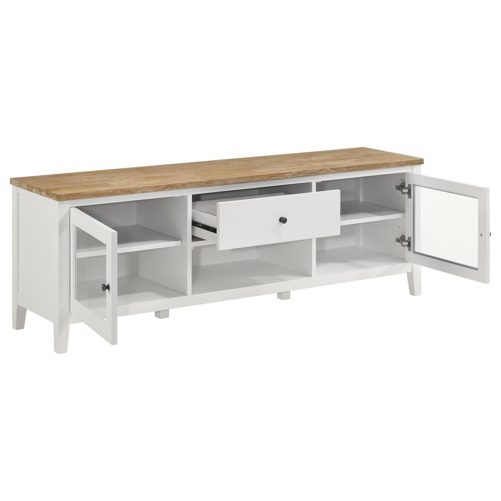 Angela TV stand side view showing glass-front doors and adjustable shelves