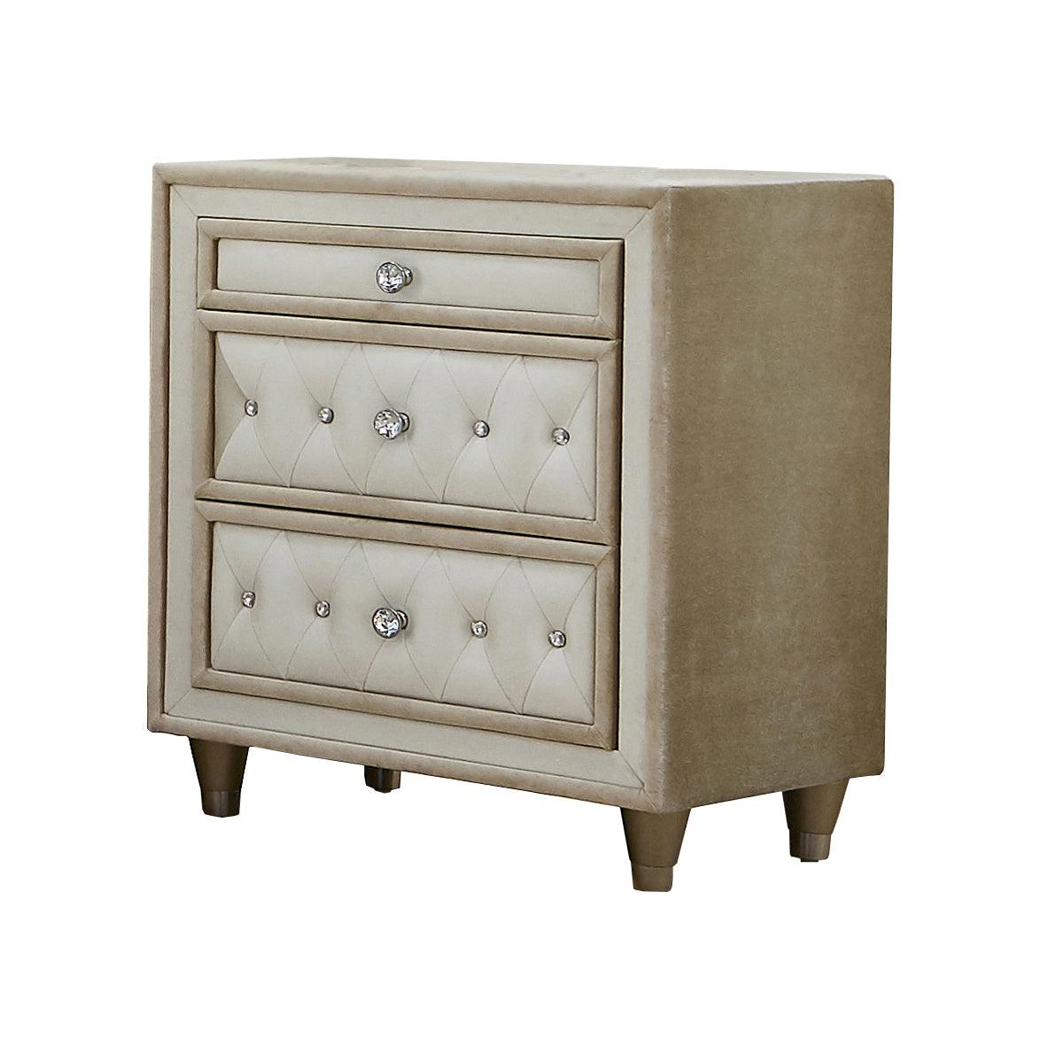 Bedroom view of Antonella Ivory and Camel Upholstered Tufted Bedroom Set