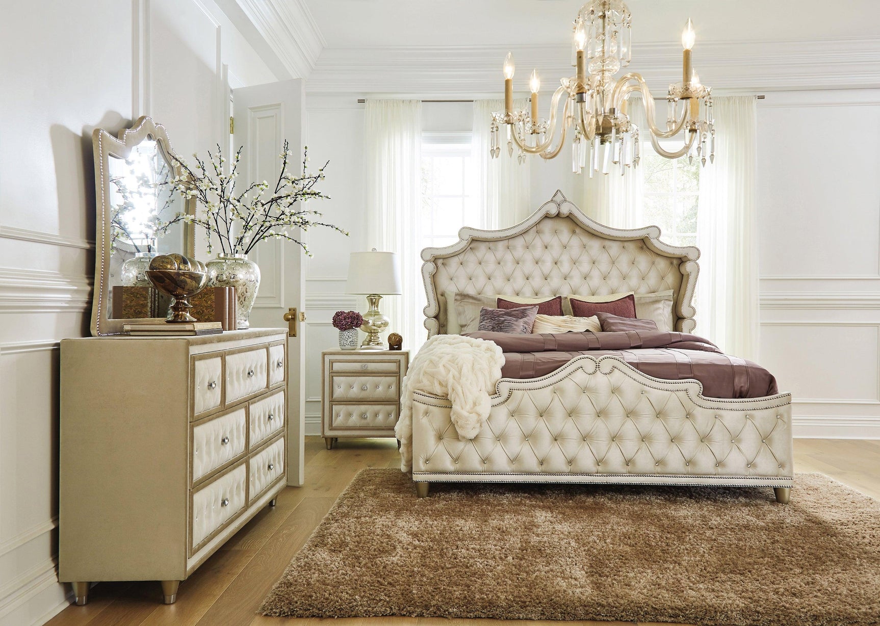 Antonella Ivory and Camel Upholstered Tufted Bedroom Set front bed view