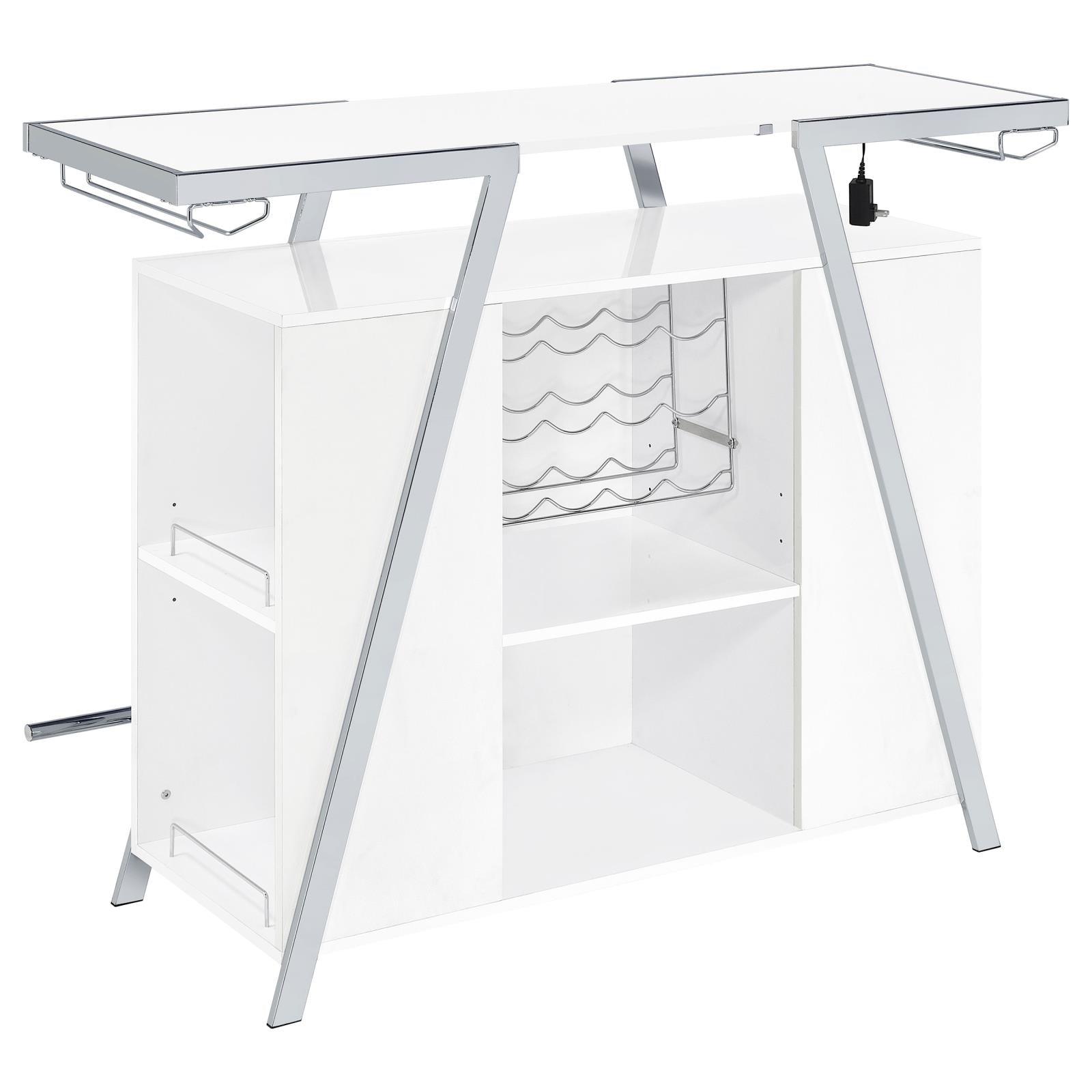 Araceli white high gloss home bar with chrome metal frame and LED lighting