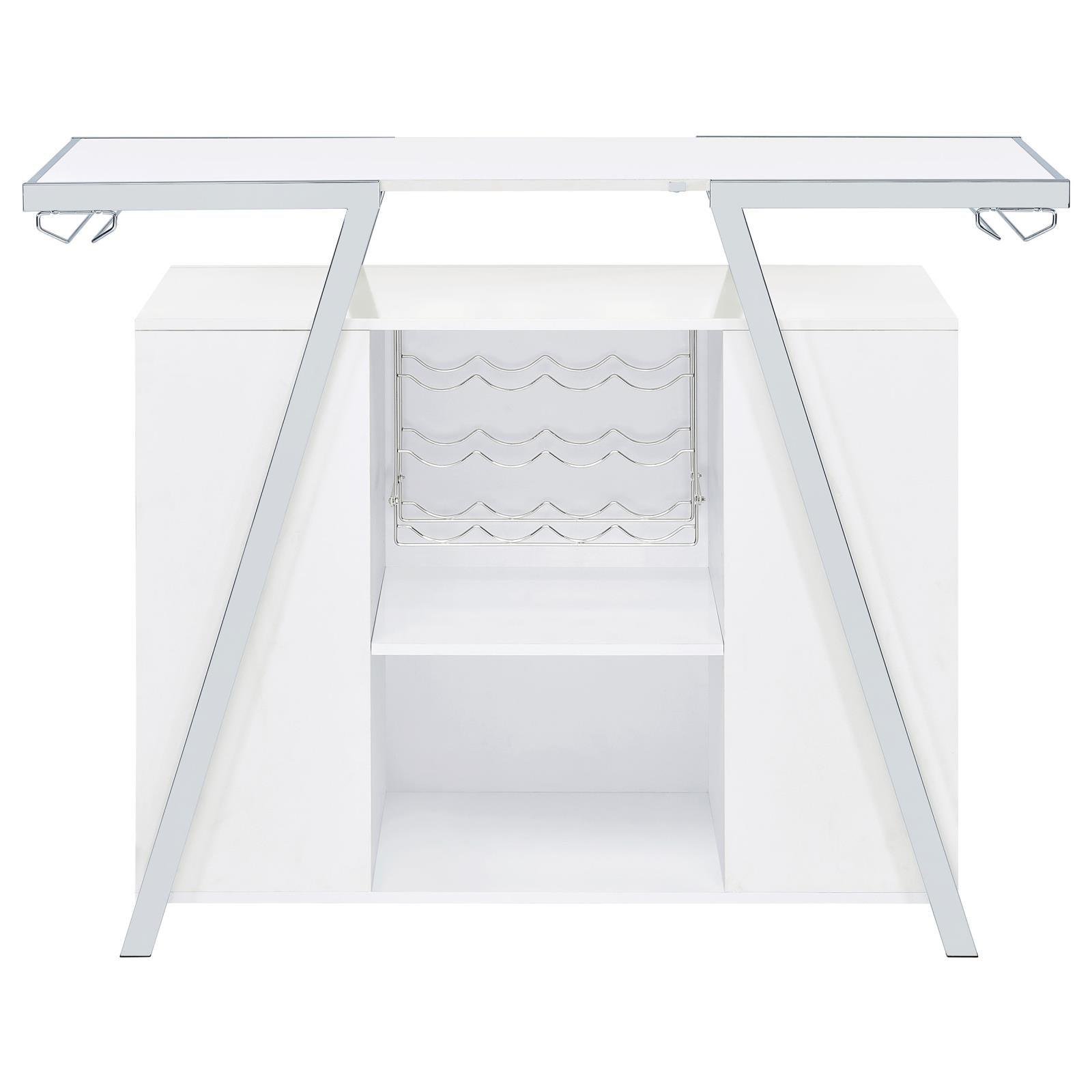 Araceli white high gloss home bar with chrome metal frame and LED lighting