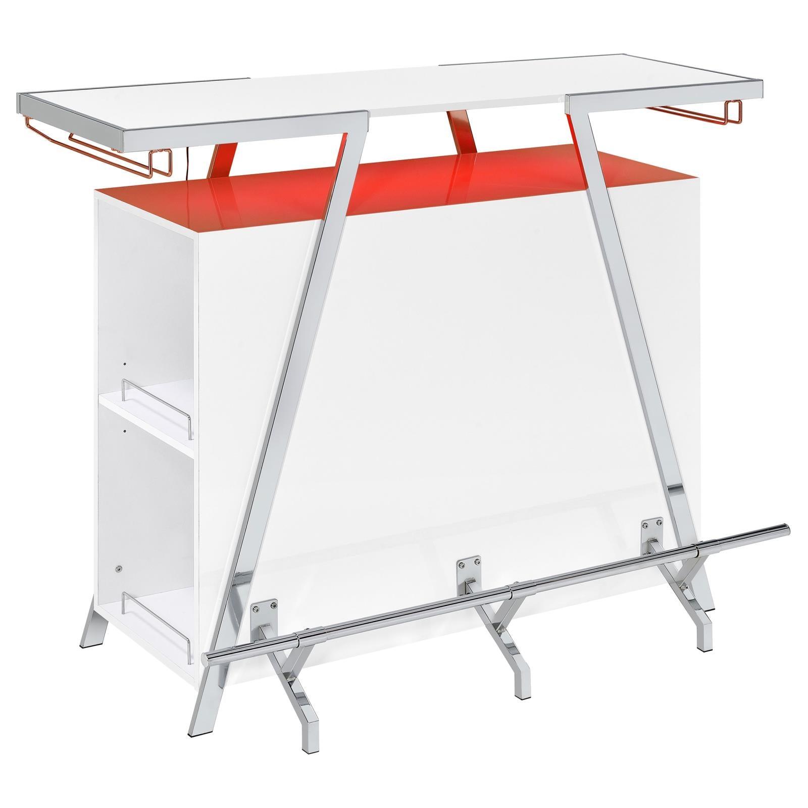 Araceli white high gloss home bar with chrome metal frame and LED lighting