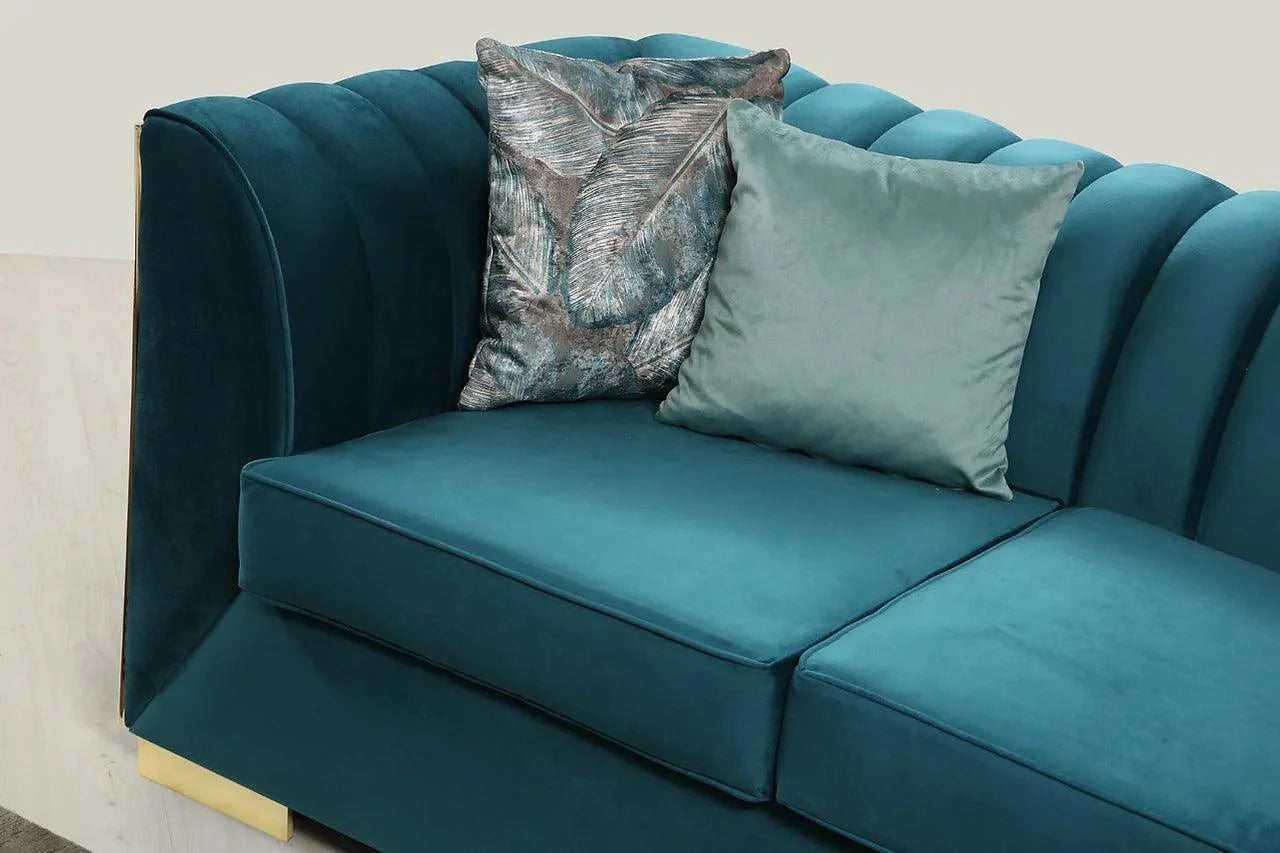 Side angle of Ariana Sea Foam Blue Velvet Sectional sofa