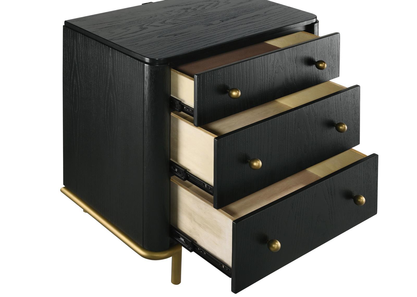 Arini 3-Drawer Black Nightstand with USB Outlet front view