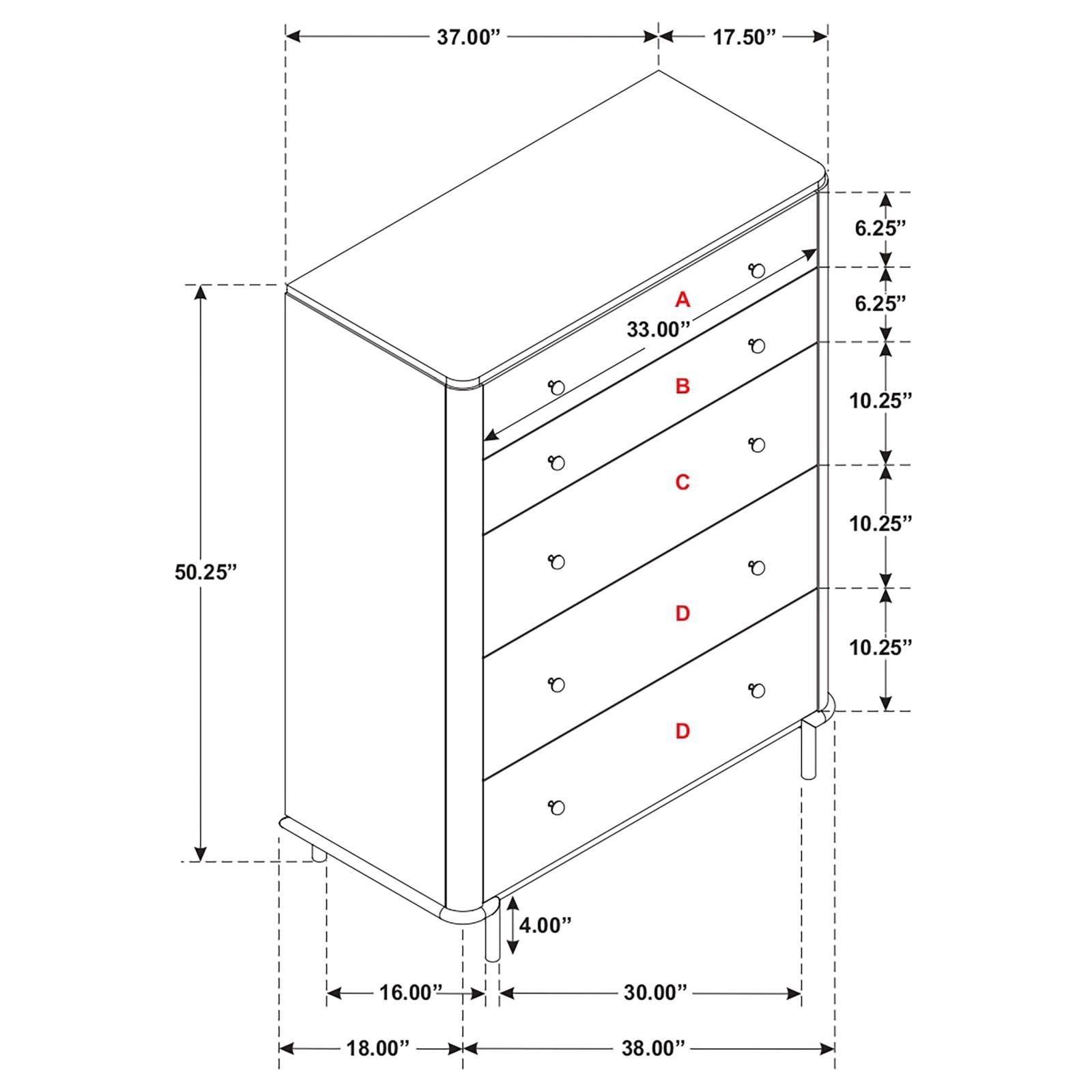 Bottom drawer detail showing laminated veneer lumber
