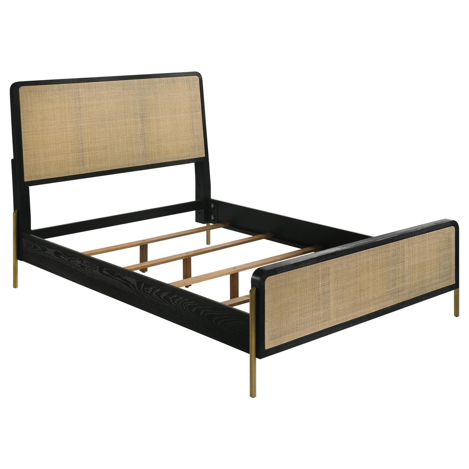 Arini Queen Bed with woven rattan headboard black and natural, full bed view