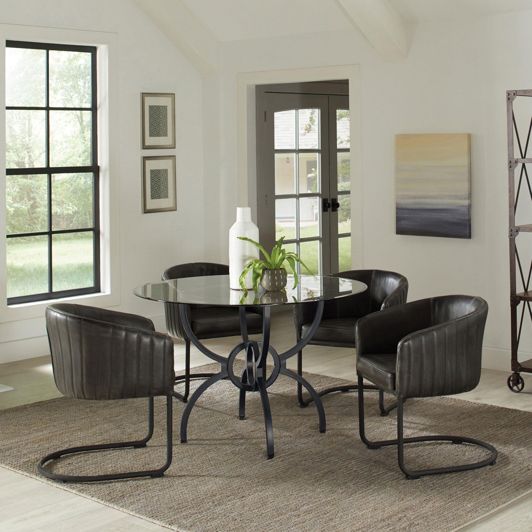 Aviano Round 48-inch Glass Top Metal Dining Table Gunmetal front angle