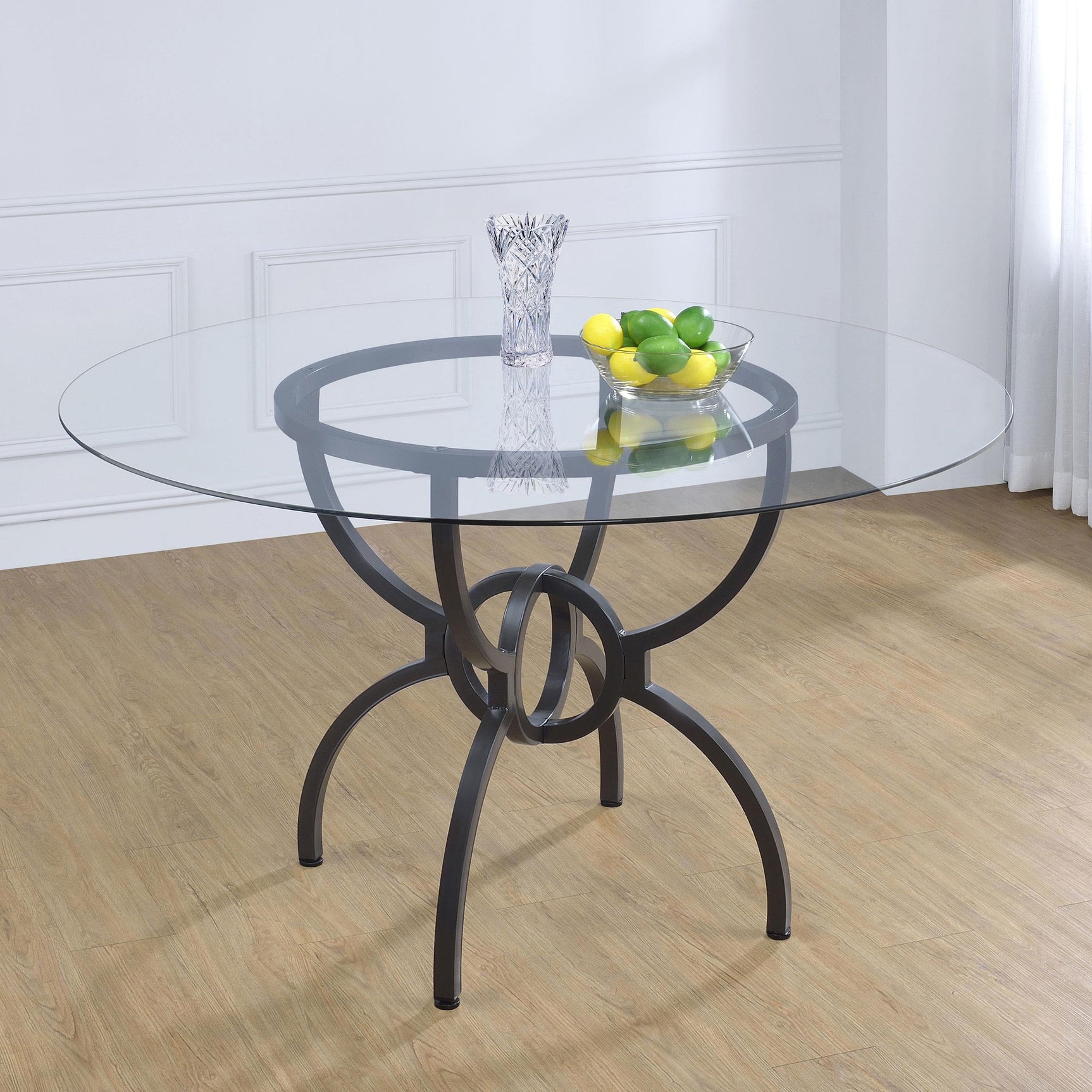 Aviano Round 48-inch Glass Top Metal Dining Table Gunmetal side detail