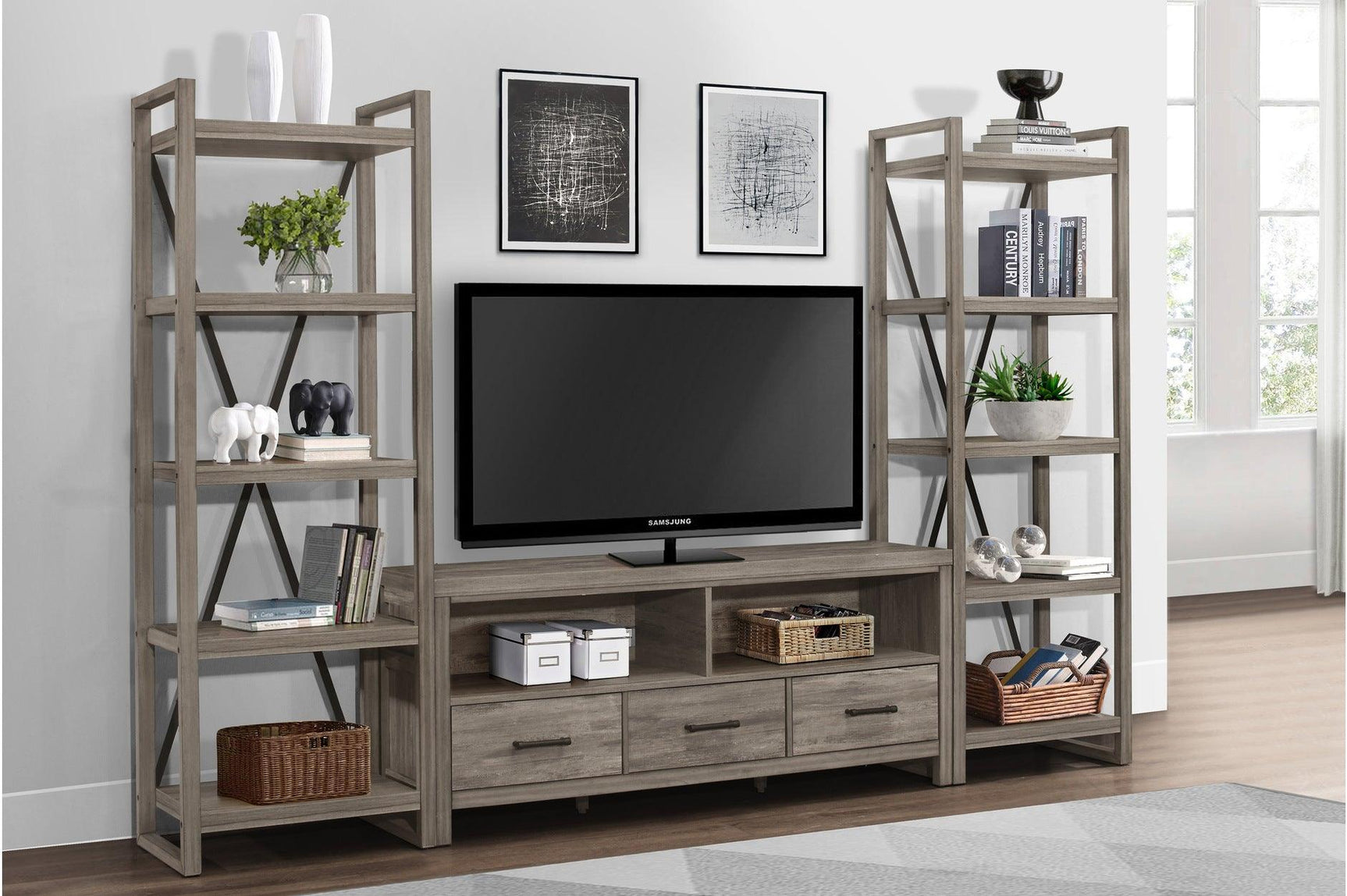 Bainbridge Gray Weathered Wood TV Stand front view with drawers and shelves