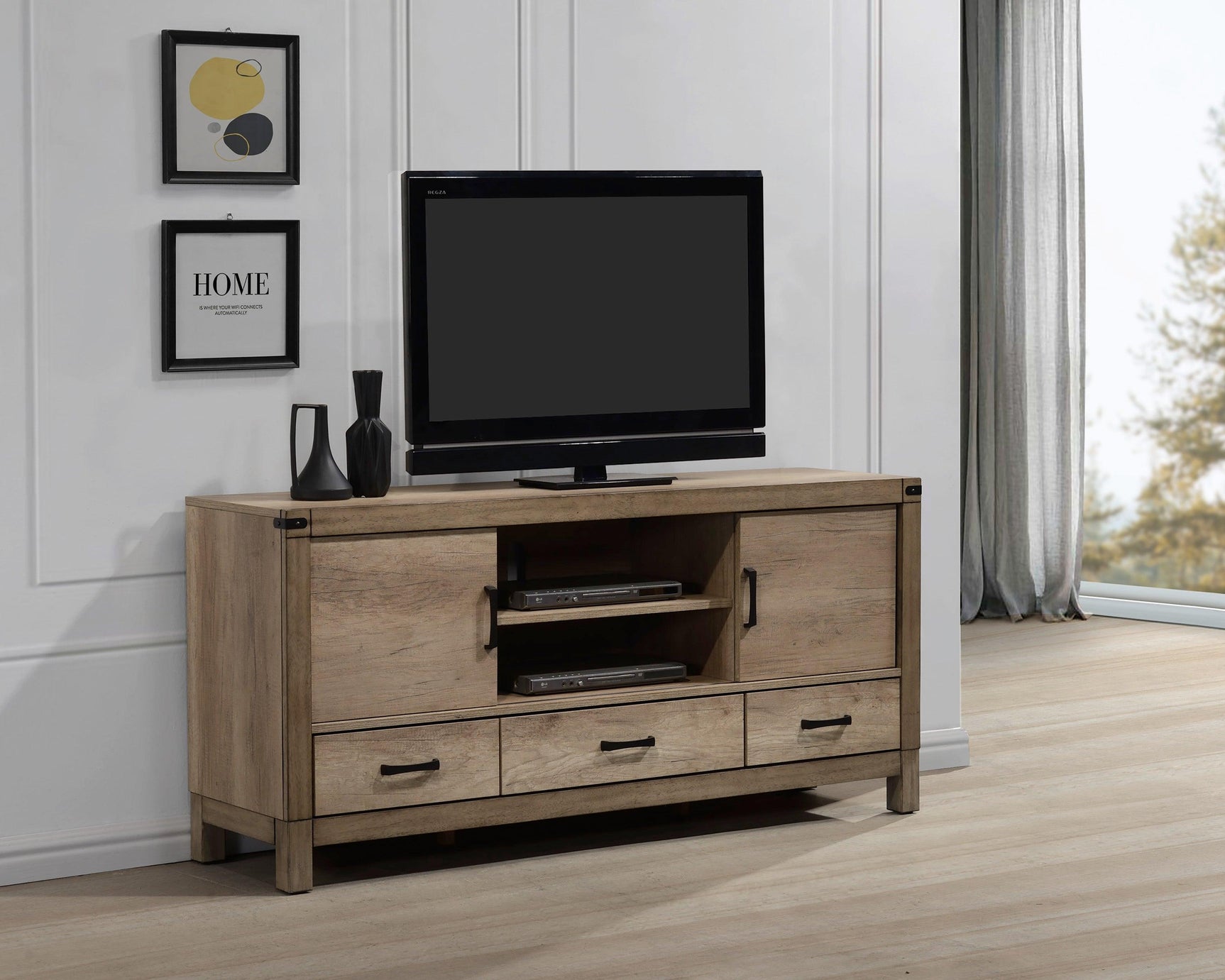 Matteo Modern Beige Tv Stand, Contemporary Rustic Styling With Upholstered Headboard And Wood Grain Finish - Ella Furniture
