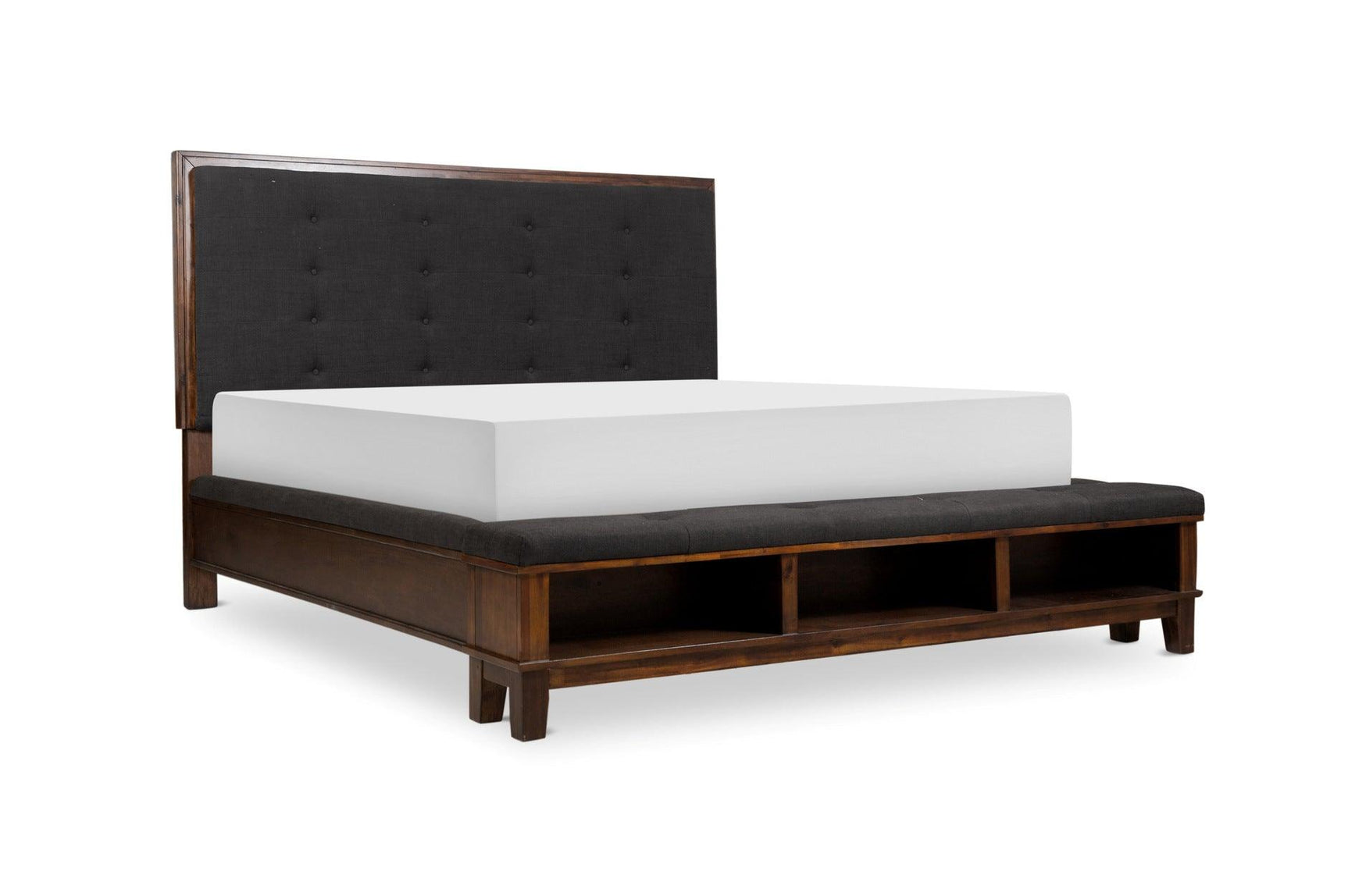 Brown fabric tufted bed with dresser and mirror set