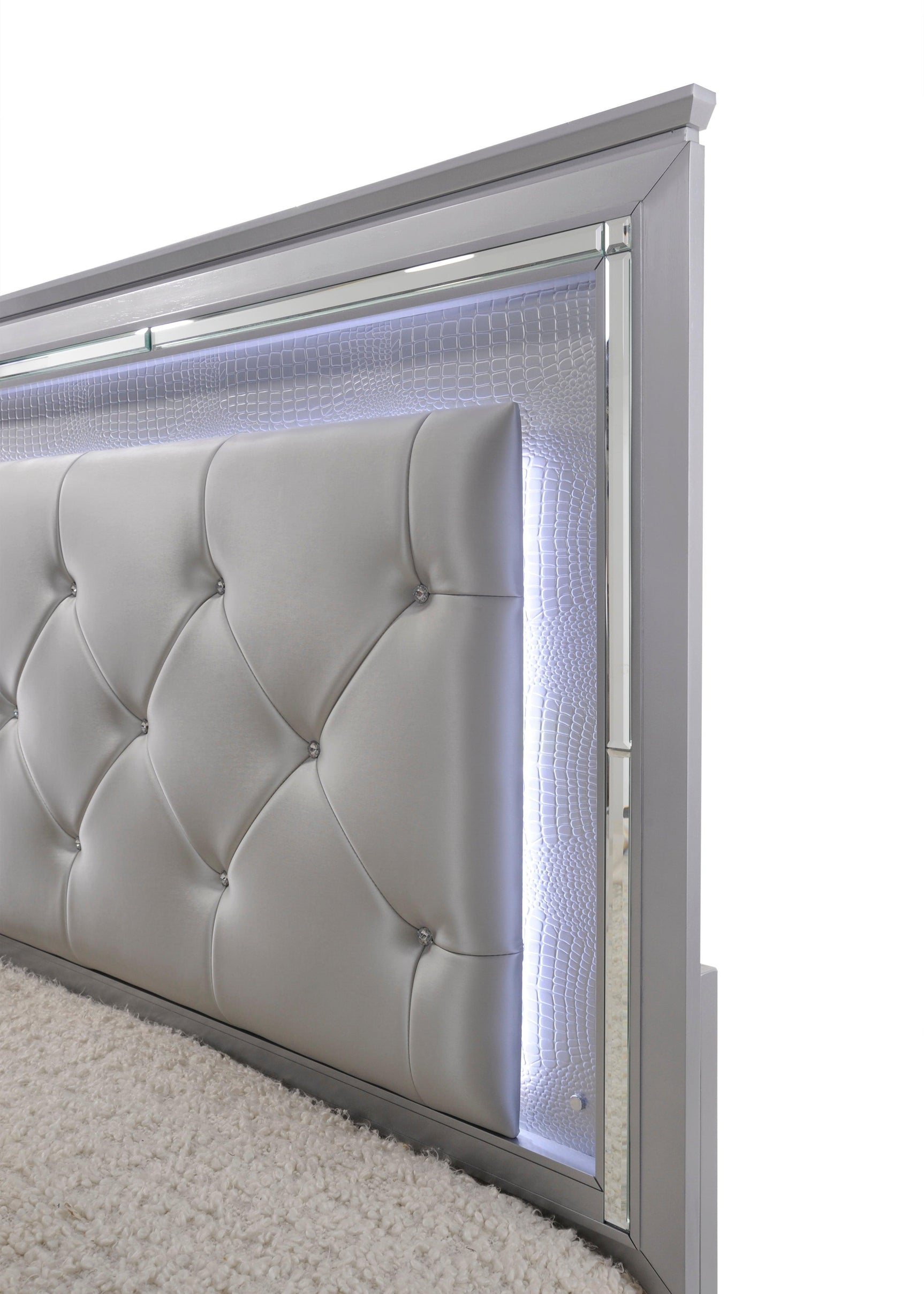 Lillian Silver Tufted Faux Leather King Bed with LED Lighting