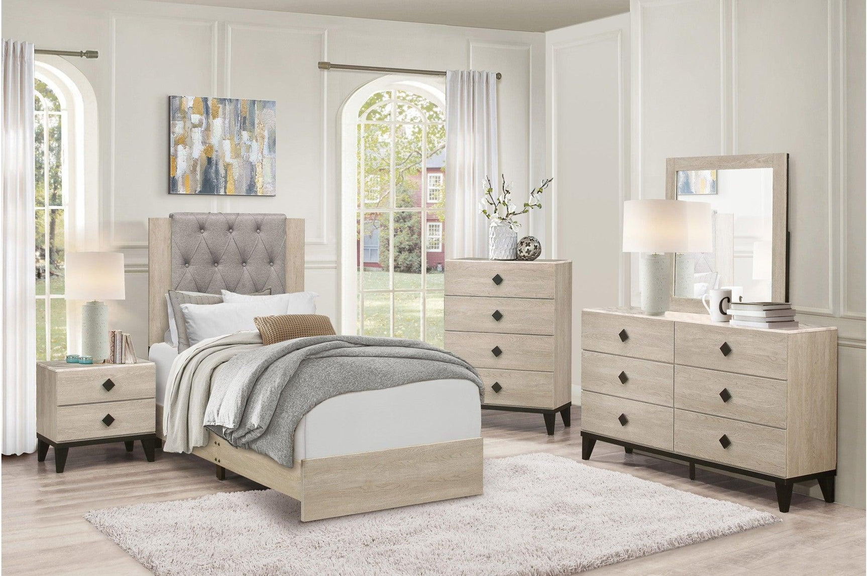 Side view of Whiting Gray Linen Tufted Panel Bedroom Set bed