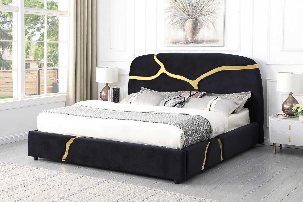 Close-up of Milan Black Velvet headboard with gold accents
