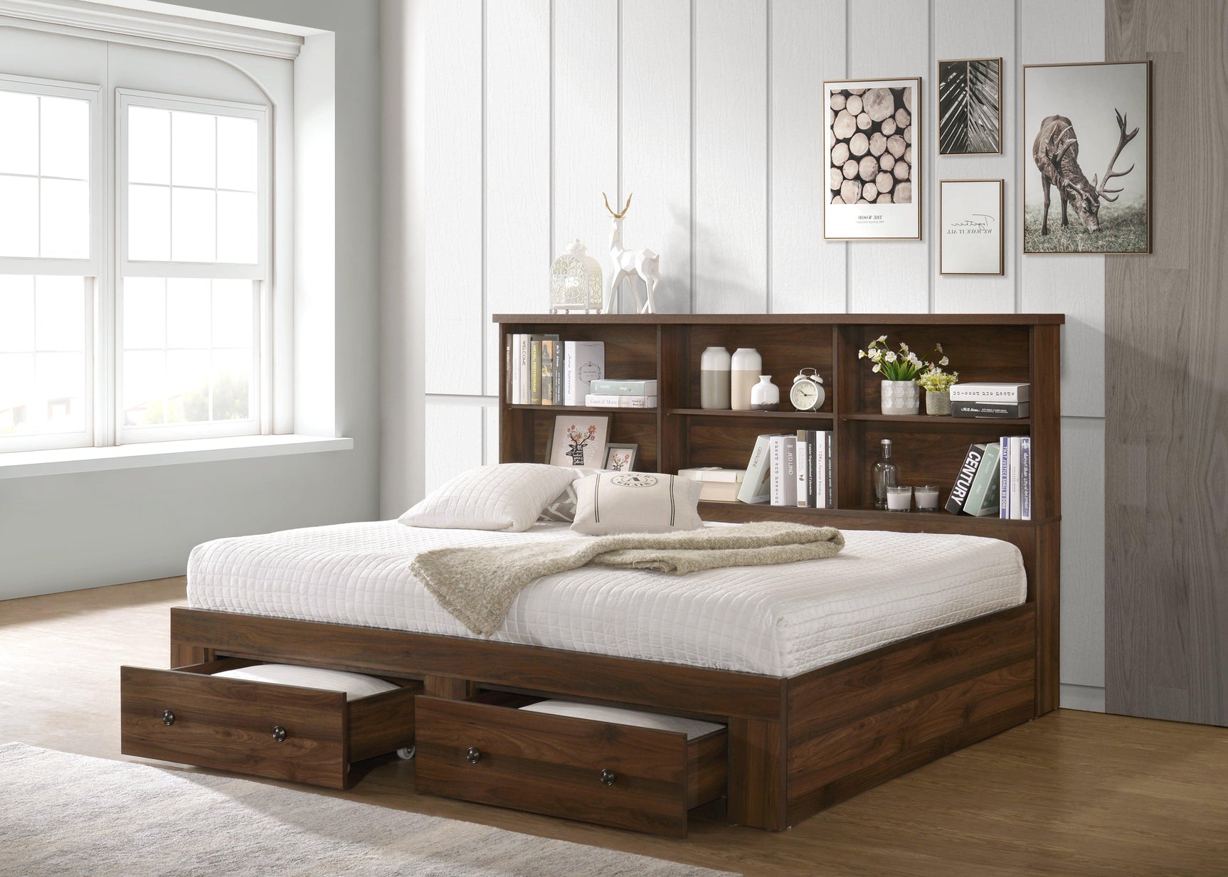 Millie Cherry Brown Classic Wood Queen Panel Bed angled headboard view