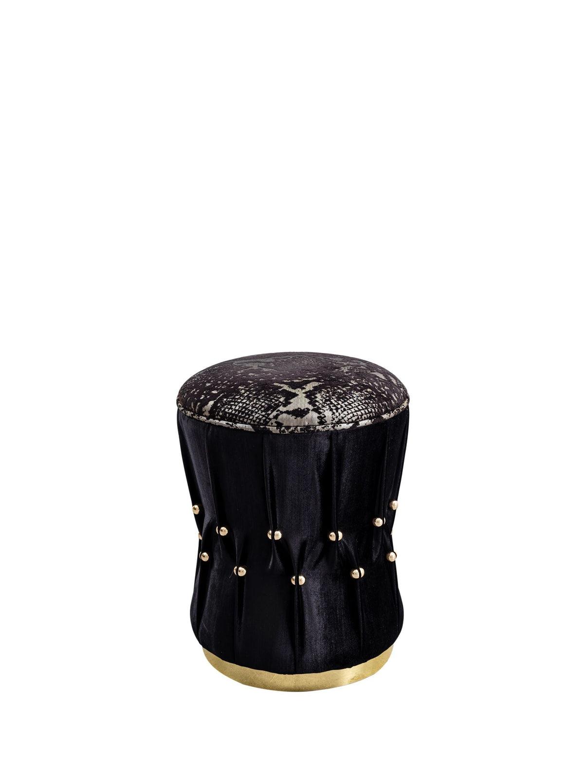 Front view of Lucy Black Velvet Accent Stool showcasing black velvet upholstery