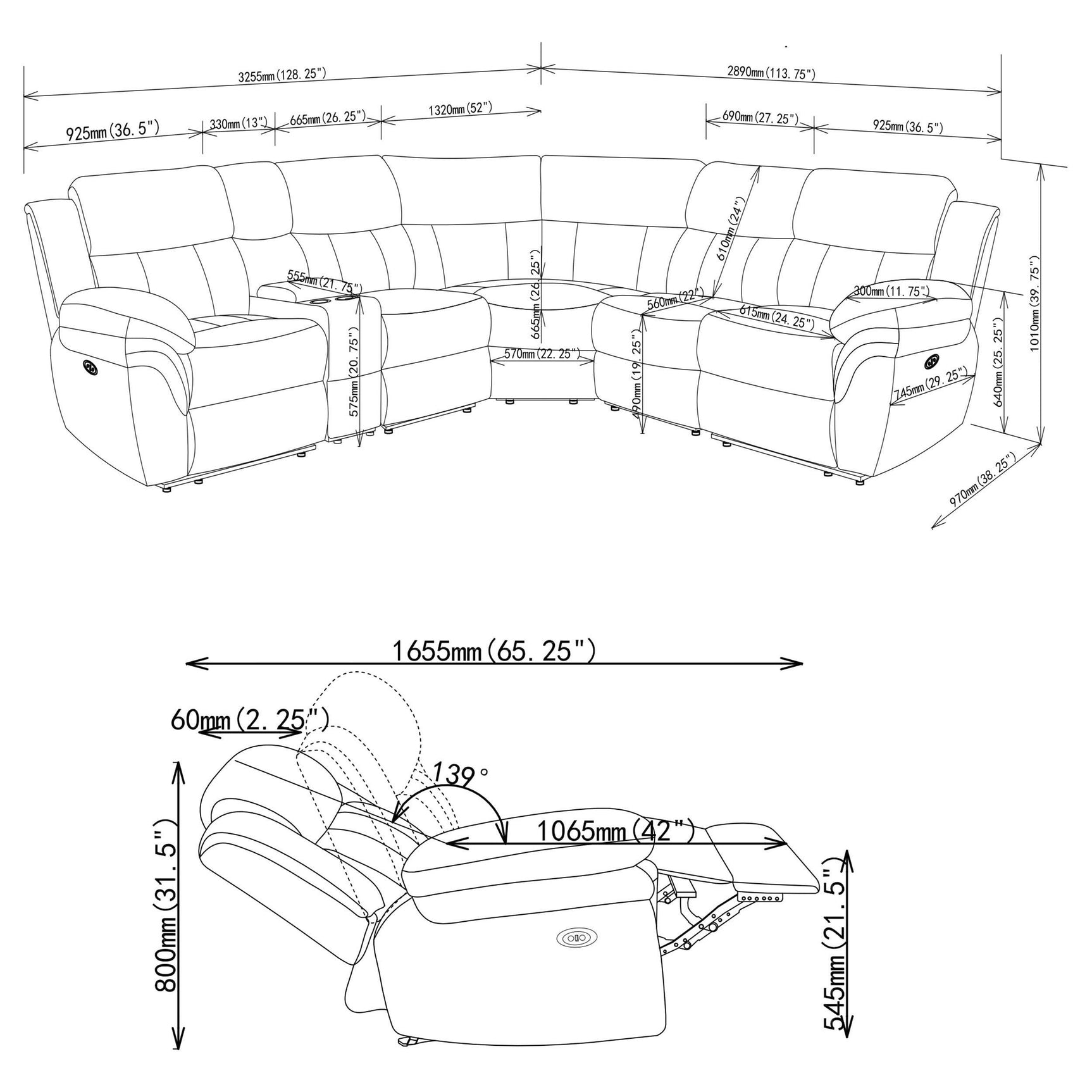 Bahrain 6-piece modular power reclining sectional charcoal, front view
