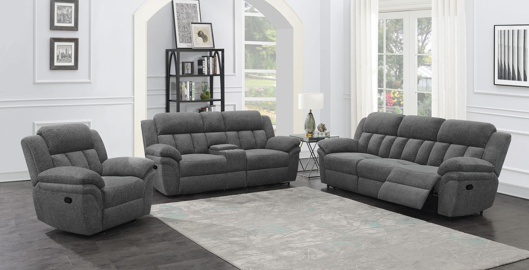Full view of Bahrain charcoal sofa with both seats reclined