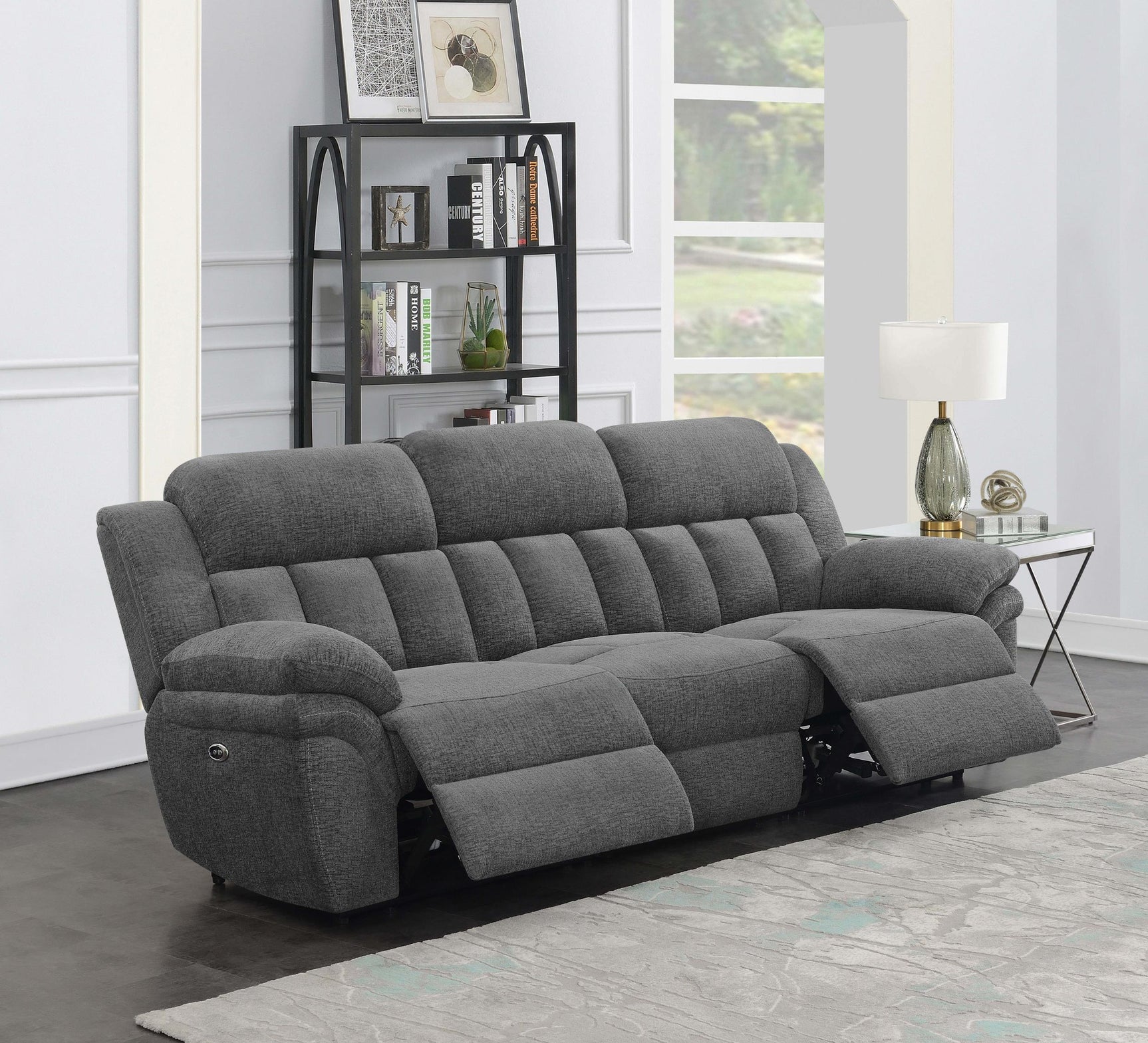 Bahrain charcoal upholstered power sofa, side angle