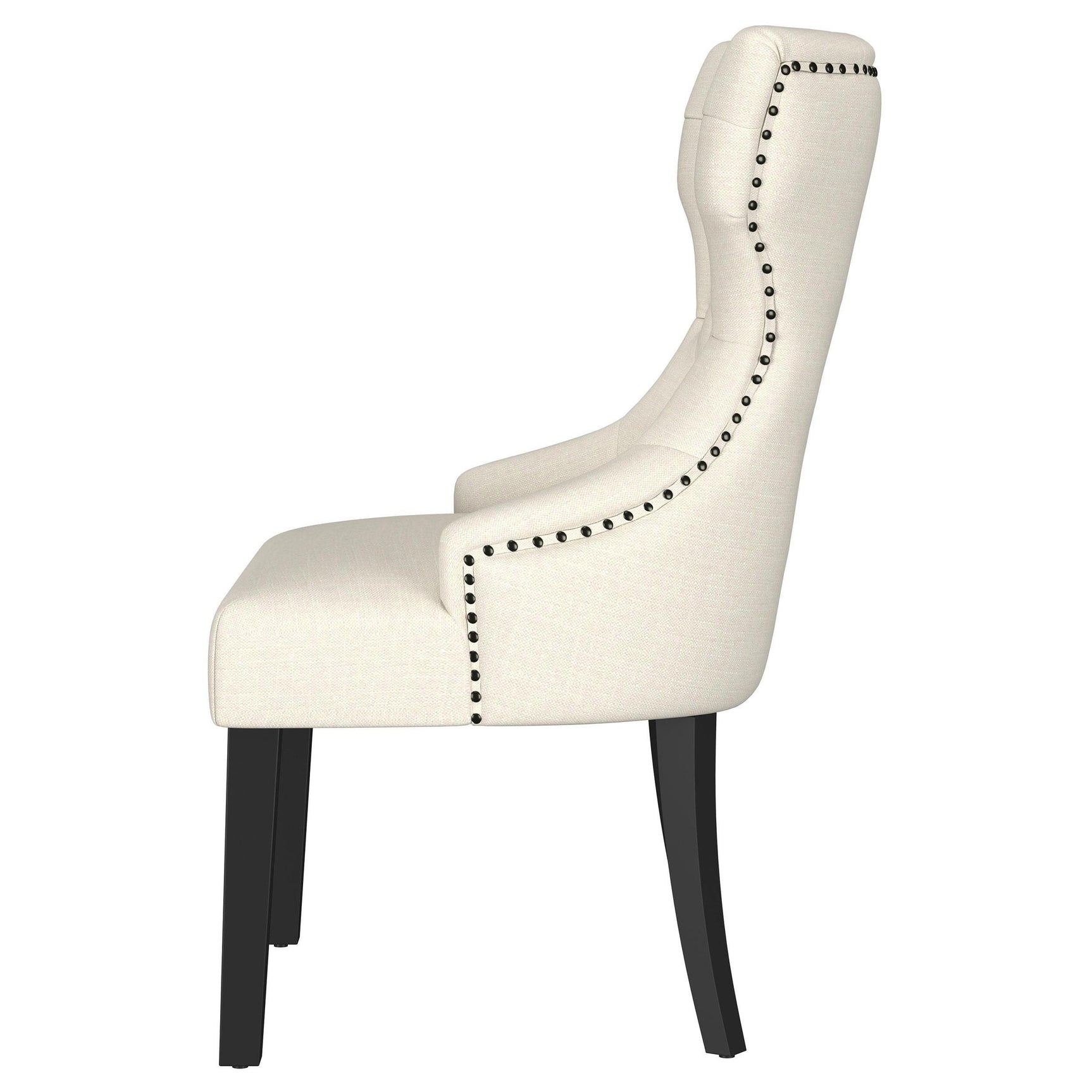 Side profile of Baney beige fabric dining chair