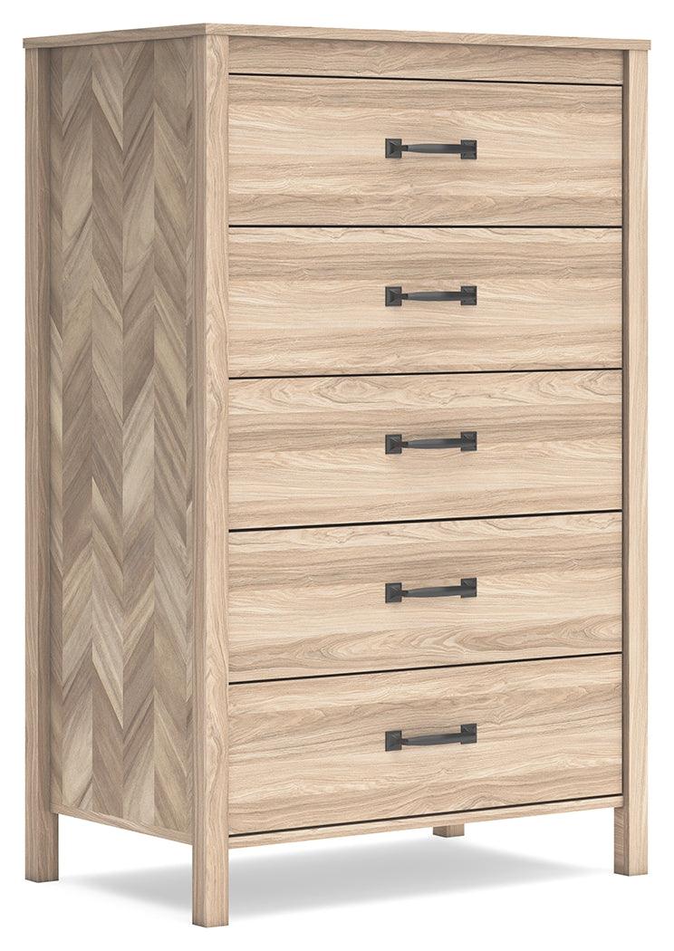 Side view of Battelle Tan Chest of Drawers highlighting dark hardware