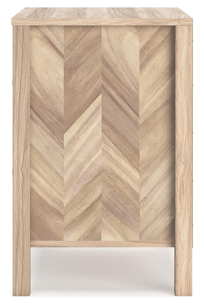 Battelle Nightstand side angle with vinyl-wrapped sides