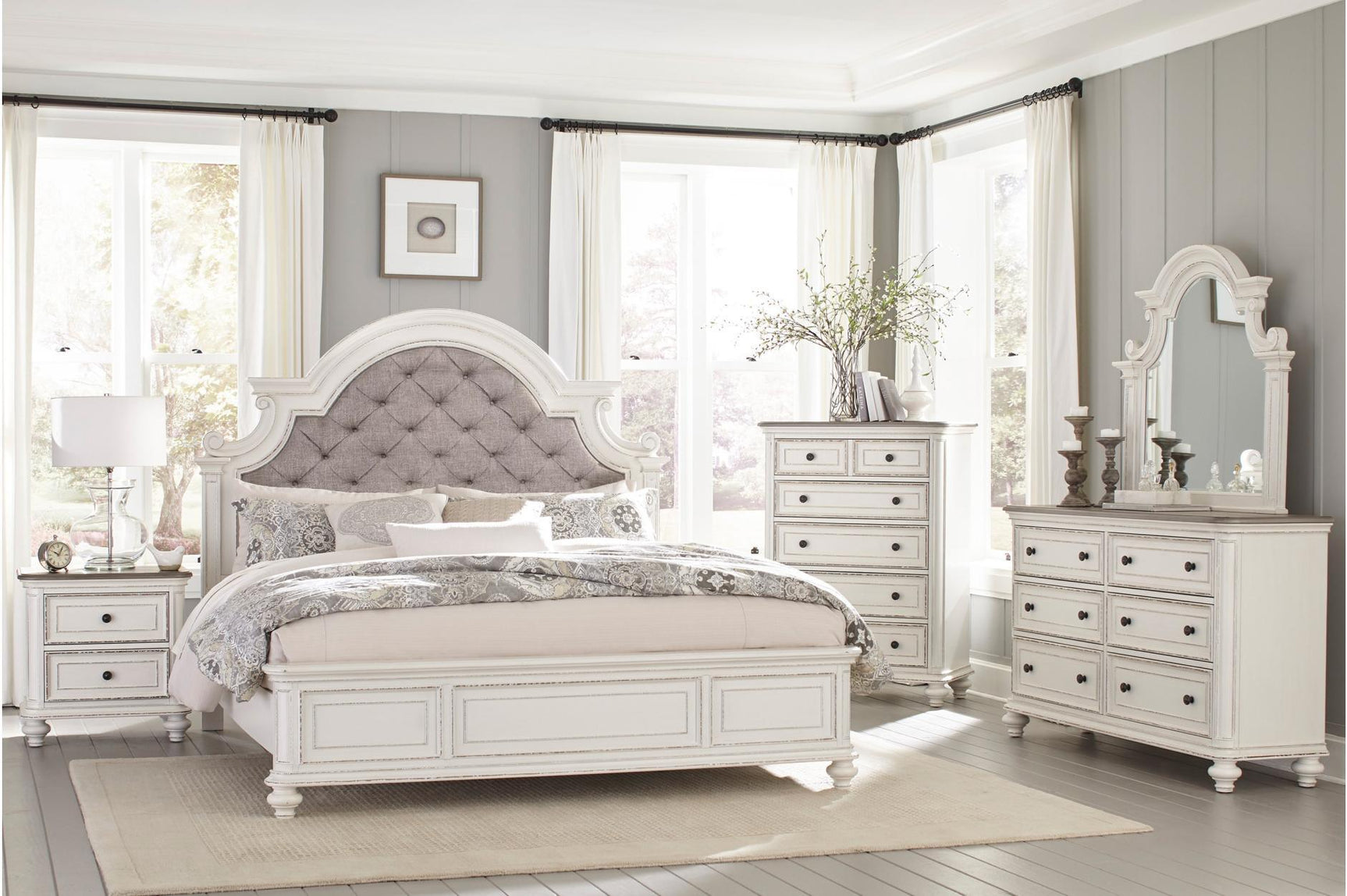 Baylesford Antique White Fabric Tufted Panel Bedroom Set bed main view