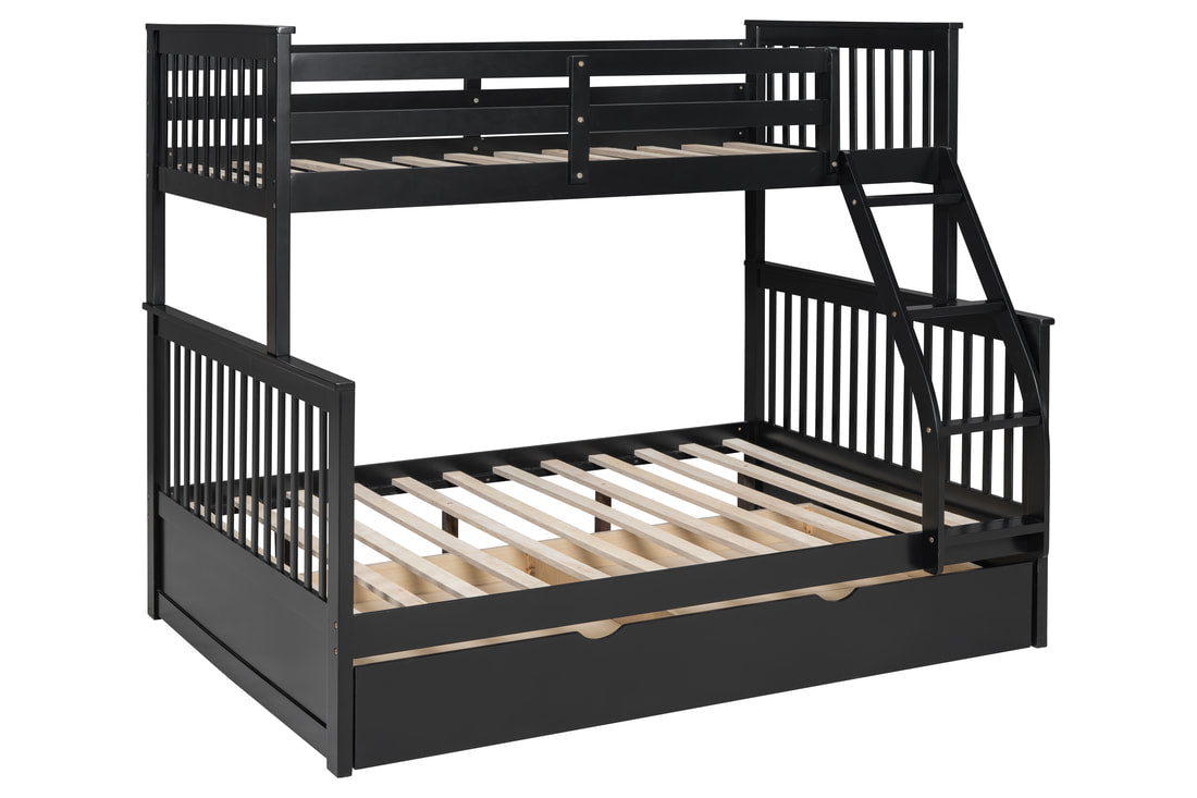 Black twin over full bunk bed side view